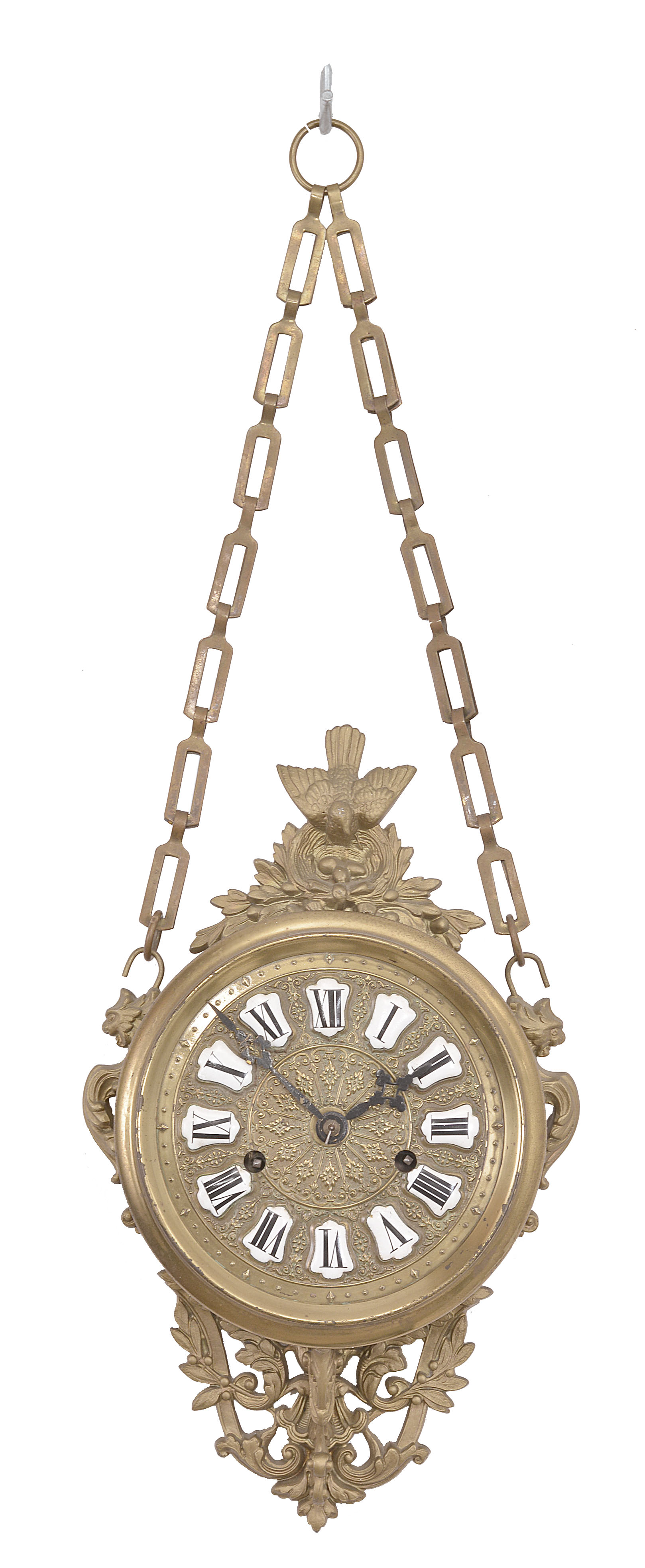Clocks- 2 (Two) hanging, time and strike, spring driven balance wheel movements: (1) New Haven Clock Co., "Chatelaine", 15 day movement in brass case with cast ornaments, c1889. (2) New Haven Clock Co. "thistle" 8 day with decorated porcelain case and applied cast ornaments, c1900. — Antique Clocks Price Guide