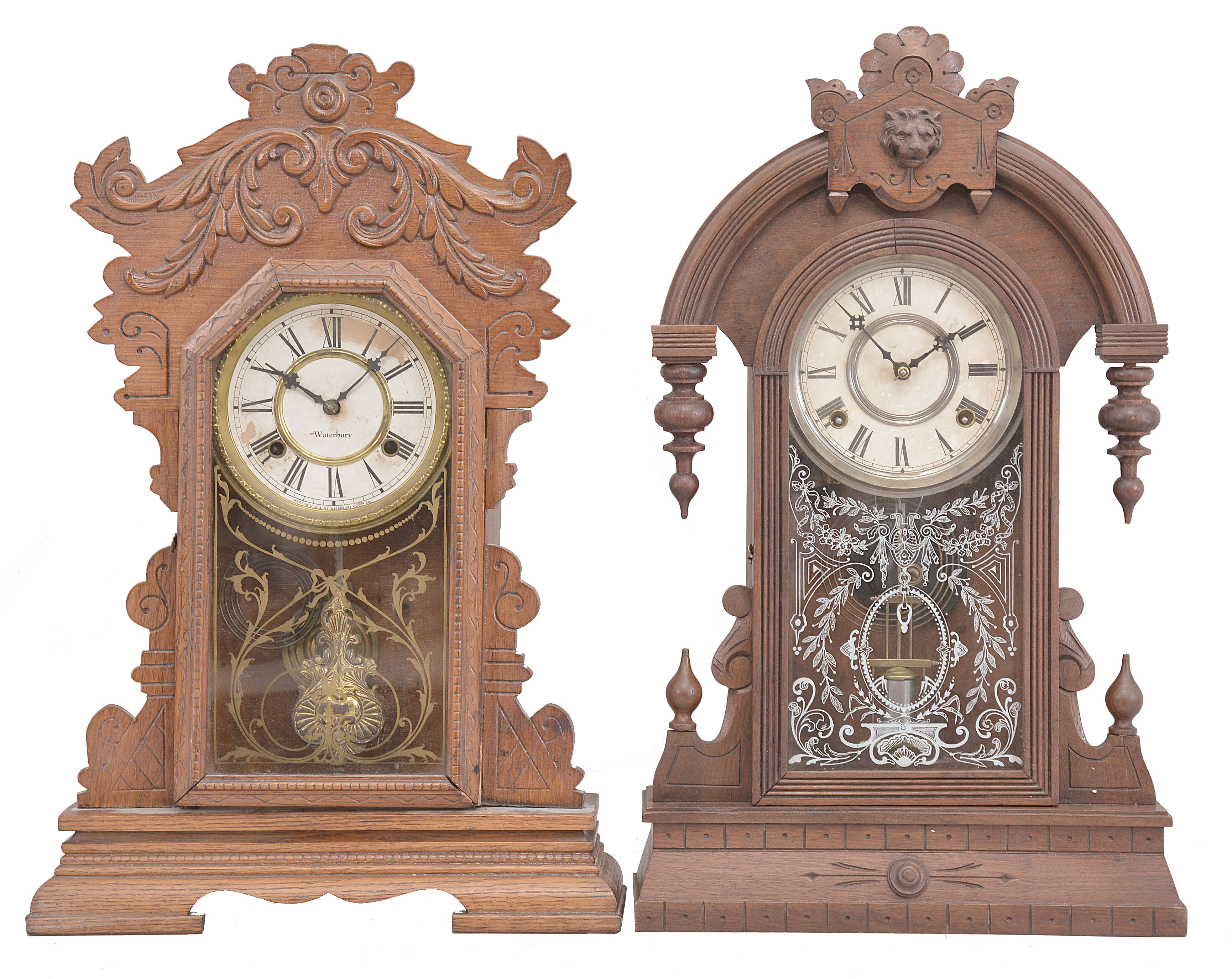Clocks- 3 (Three): (1) Waterbury Clock Co., "Kingsland" clock, 8 day, time and strike, spring driven movement in an oak case, c1906; (2) George B. Owen, Winsted, Conn., mantel clock, 8 day, time and strike, spring driven movement in a walnut case, c1885; (3) Seth Thomas Clock Co., "New York" collage series clock, 8 day, time and strike with alarm in an oak case, c1909. Lot also includes two mantel clock backboards with paper labels and mounted movements, one 8 day and on 20 hour, by E.N. Welch and Welch Spring & Co. — Antique Clocks Price Guide