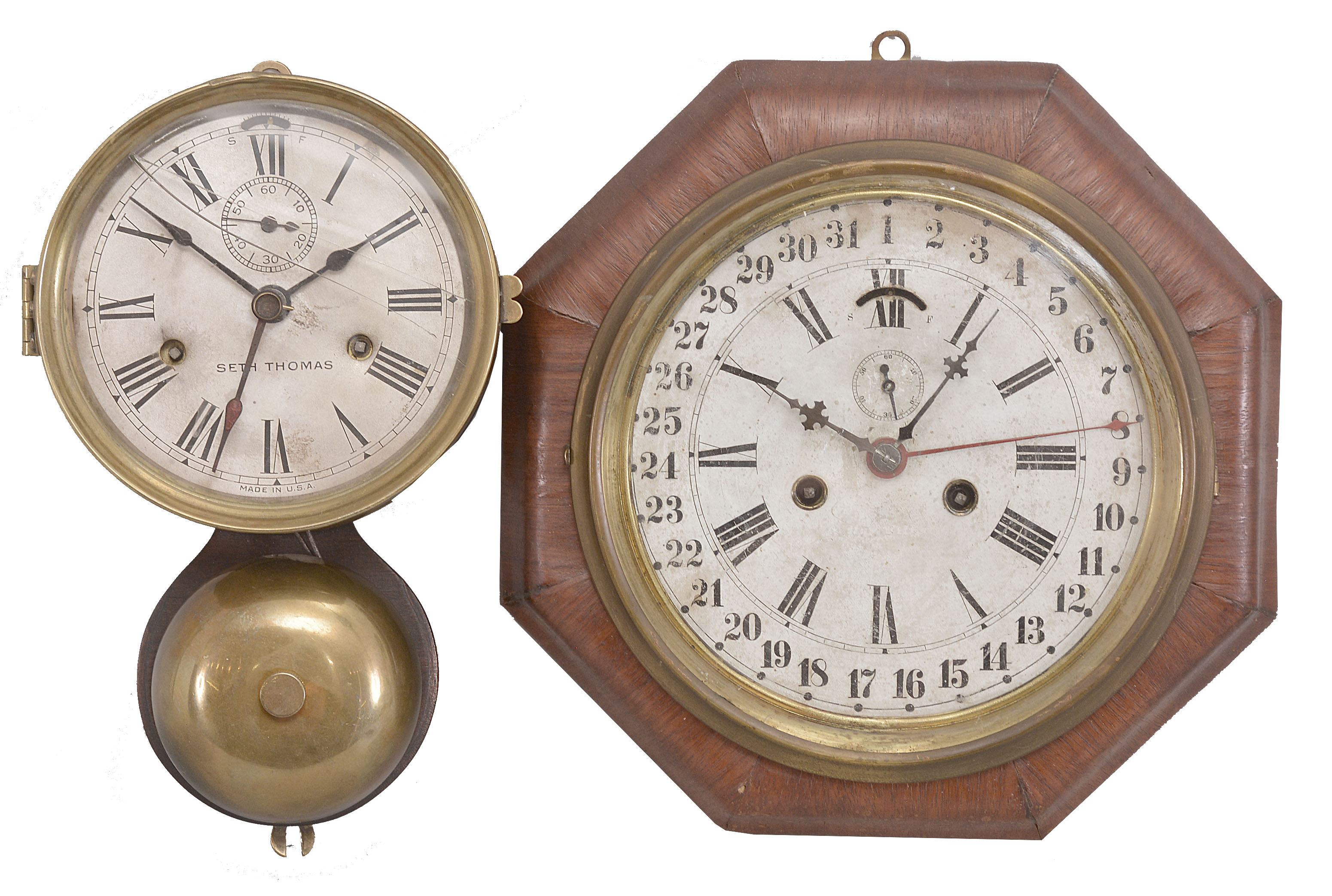Clocks- 2 (Two): (1) Seth Thomas Clock Co., "Ship's Bell" marine clock, 30 hour, time and strike, spring driven balance wheel movement in a brass case with external bell, c1884; (2) E.N. Welch, "Calendar Lever" timepiece, 8 day, time and simple calendar, double-spring driven movement with lever escapement in an octagonal mahogany veneer case with painted metal dial, c1872. — Antique Clocks Price Guide