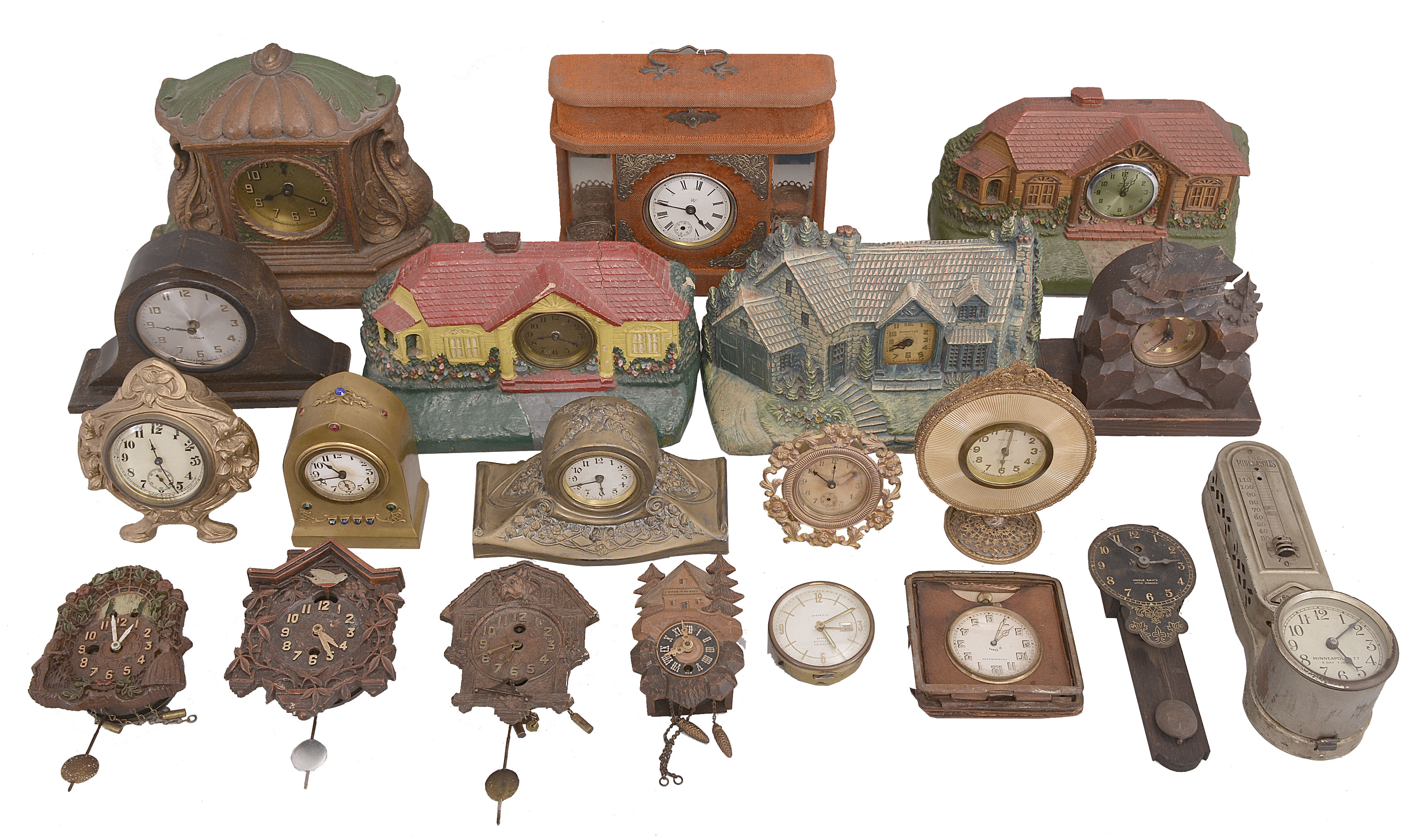 Clocks- 20 (Twenty): small novelty and desk clocks including makers such as Lux, Gilbert, Waterbury, Sheffield, New Haven, Bristol Auto Clock Co., De Luxe Clock & Mfg Co., and others. — Antique Clocks Price Guide