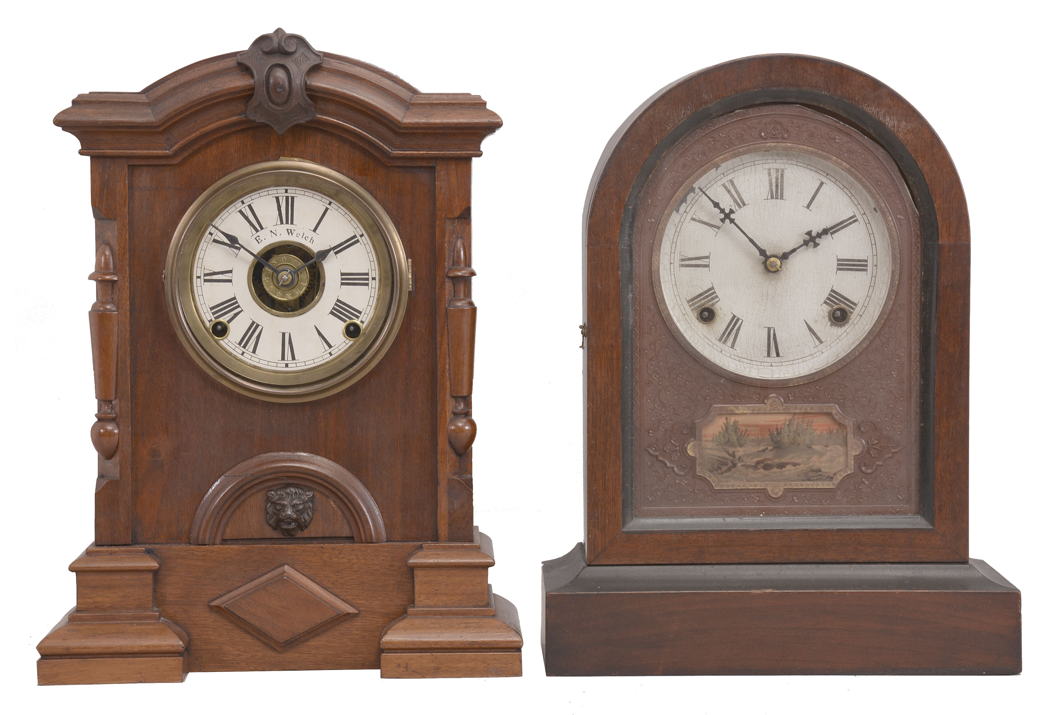 Clocks- 7 (Seven): (1) E.N. Welch, arch-top mantel clock similar to the Kroeber & Gilbert "Arch Top" models, 8 day, time and strike with alarm in a walnut case, c1875; (2) Jerome & Co., New Haven, Conn., round-top mantel clock, 8 day, time and strike in a walnut case with painted metal dial and gutta percha mask, c.1870 Clocks (3) through (7) are 30 hour cottage clocks by Welch, Seth Thomas, Atkins, and others. — Antique Clocks Price Guide