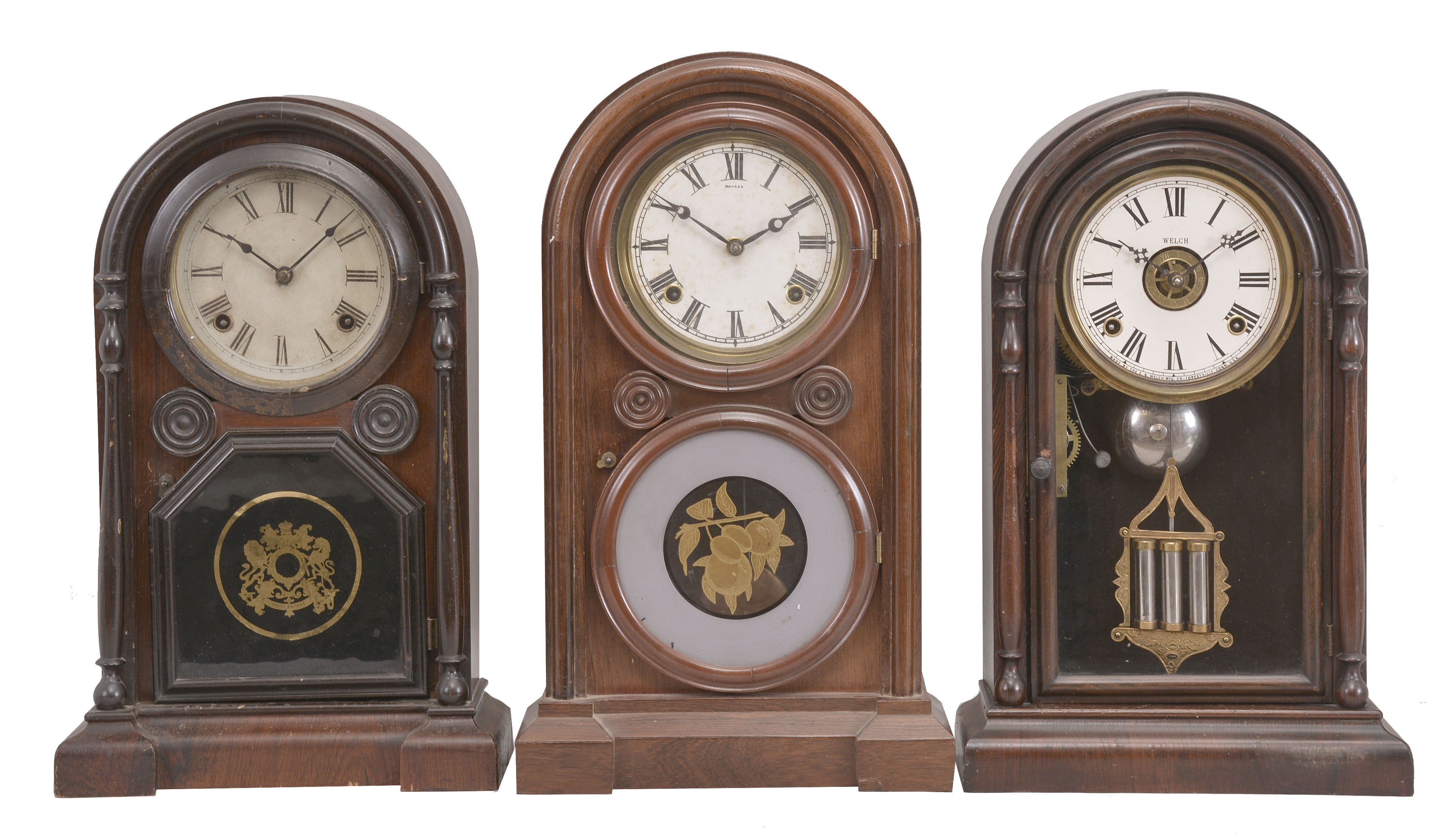 Clocks- 3 (Three): (1) Welch, Spring, & Co., Forestville, Conn., "Italian No. 1" mantel clock, 8 day, time and strike movement in a rosewood veneered case, c1878; (2) E. Ingraham, Bristol, Conn., "Venetian No. 2" mantel clock, 8 day, time and strike movement in a walnut case, c1875; (3) Welch, Spring, & Co., Forestville, Conn., "Italian No. 2, V.P." mantel clock, 8 day, time and strike with alarm in a rosewood veneered and grain painted case, c1880. — Antique Clocks Price Guide