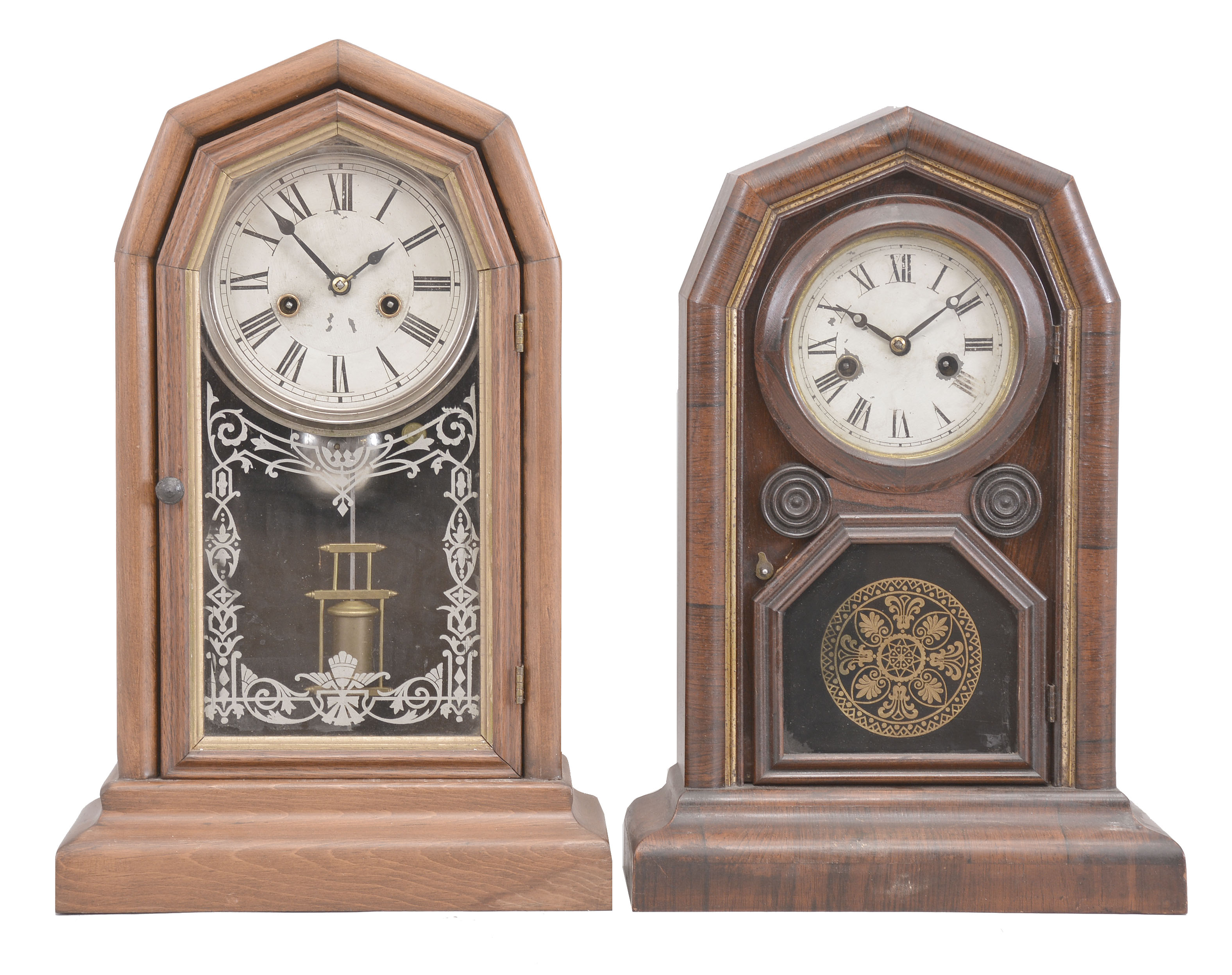 Clocks- 4 (Four) Welch, Spring, & Co., Forestville, Conn., time and strike, spring driven: (1) "Empress, V.P." mantel clock, 30 hour movement in a softwood case, c1880; (2) "Empress", 30 hour movement in a rosewood veneered case, c1872; (3) "Empress, V.P." mantel clock, 30 hour movement with alarm in a rosewood veneer case, c1880; (4) "Empress, V.P." mantel clock, 8 day movement in a rosewood veneer case, c1885. — Antique Clocks Price Guide