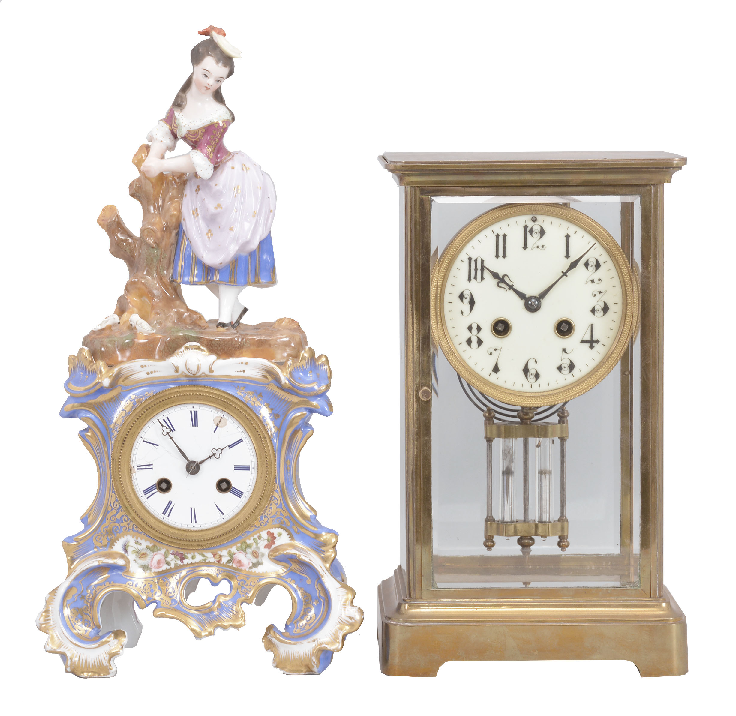 Clocks- 2 (Two): (1) France, mantel clock, 8 day, time and strike, spring driven movement with silk thread suspension in a two-piece porcelain figural case, c1840; (2) Japy Freres & Cie, Paris, crystal regulator, 8 day, time and strike, spring driven pendule de Paris movement with compensating pendulum in a glazed brass case, c1905. — Antique Clocks Price Guide