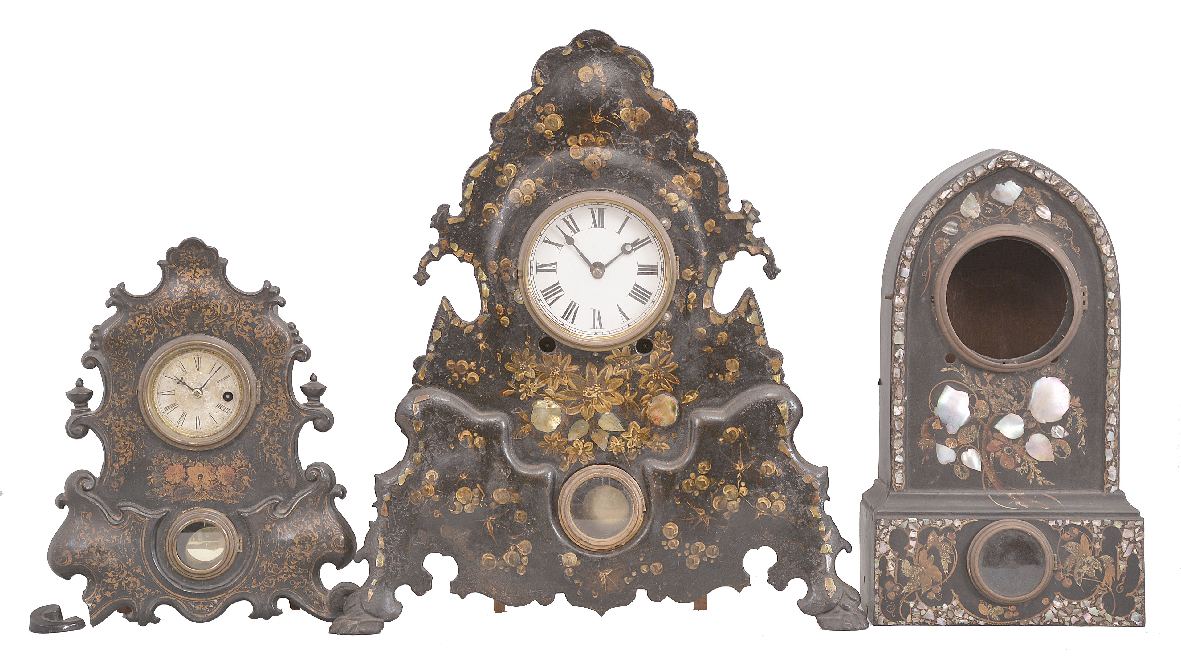 Clocks- 3 (Three) Iron front: (1) Unknown, possibly American Clock., New York, shelf clock, 8 day, time and strike, spring driven movement in an iron front case with mother of pearl inlay, c1850; (2) American Clock Co.., New York, shelf clock, 30 day, time only, spring driven movement in a painted iron front case, c1850; (3) Ansonia Clock Co., New York, iron front shelf clock case with mother of pearl inlay, c1850. — Antique Clocks Price Guide