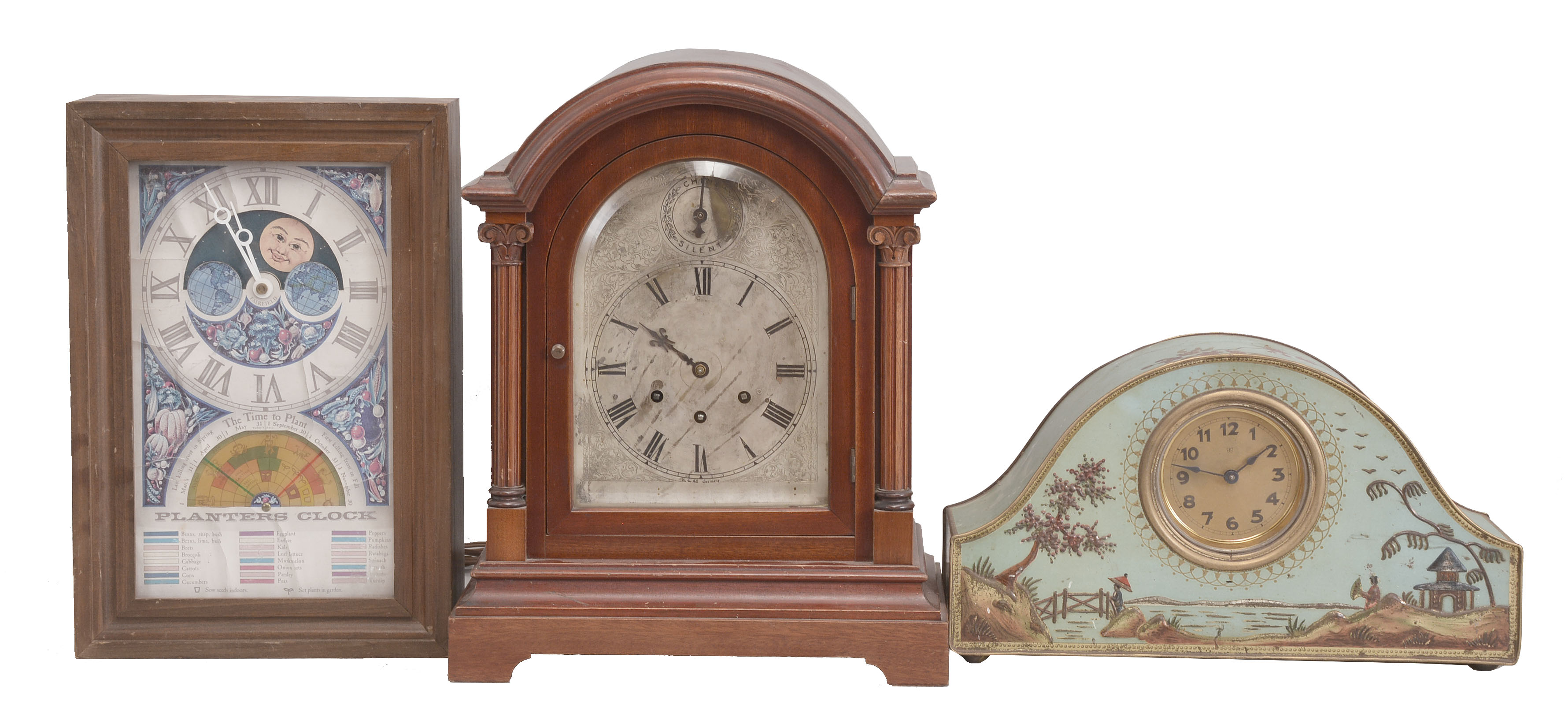 Clocks- 7 (Seven): (1) Gustav Becker, Freiberg, Germany, bracket clock, 8 day, time and strike with Westminster chime in a mahogany case, c1910; (2) Mechatronics Corporation, Stamford, Conn., "Planter's Clock, plug in electric clock with dial to indicate when to sow crops, c1985; (3) Horolover Co., Bronxville, New York, "Ignatz" reproduction flying pendulum novelty clock, c1980; (4) Russia, submarine clock, 8 day, time only, spring driven movement in a metal case, 1990; (5) Kundo, Germany, 400-day clock, year running, time only, spring driven movement, c1970; (6) Kundo, Germany, 400-day clock, year running, time only, spring driven movement in a glazed rectangular case, c1970; (7) Gebruder Junghans, Germany, desk clock, 30 hour, time only, spring driven balance wheel movement in a promotional tin for Victory-V lozenges, c1930. — Antique Clocks Price Guide