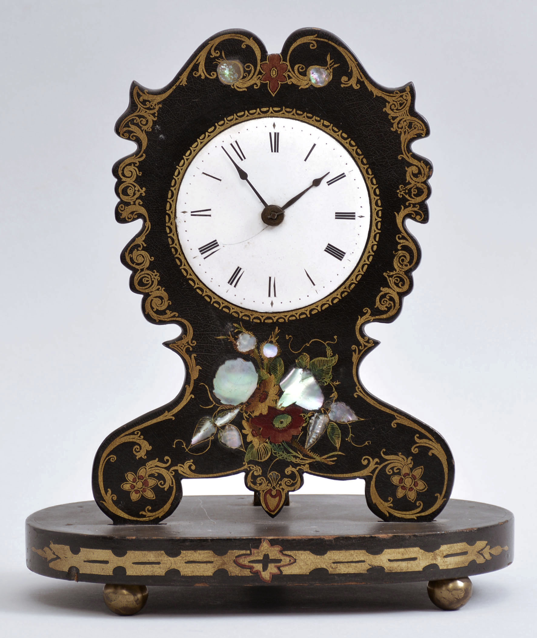 New Haven Clock Co., New Haven, Conn. for Coe & Co., New York, shelf timepiece, 30 hour, time only, spring driven movement with Samuel N. Botsford's patent lever escapement on a wood base with paper mache front. — Antique Clocks Price Guide