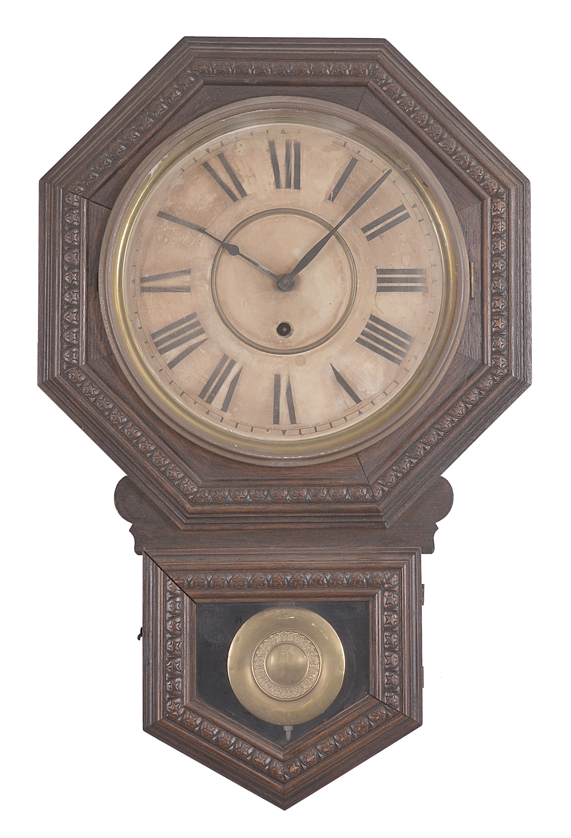Clocks- 2 (Two): (1) E.N. Welch Mfg. Co., Forestville, Conn., "Patchen" hanging clock, 8 day, time only, spring driven movement in an oak case with papered metal dial, c1900; (2) E.N. Welch Mfg. Co., Forestville, Conn., "Verdi" hanging clock, 8 day, time and strike, spring driven movement in a rosewood veneer case with painted metal dial, c1889. — Antique Clocks Price Guide