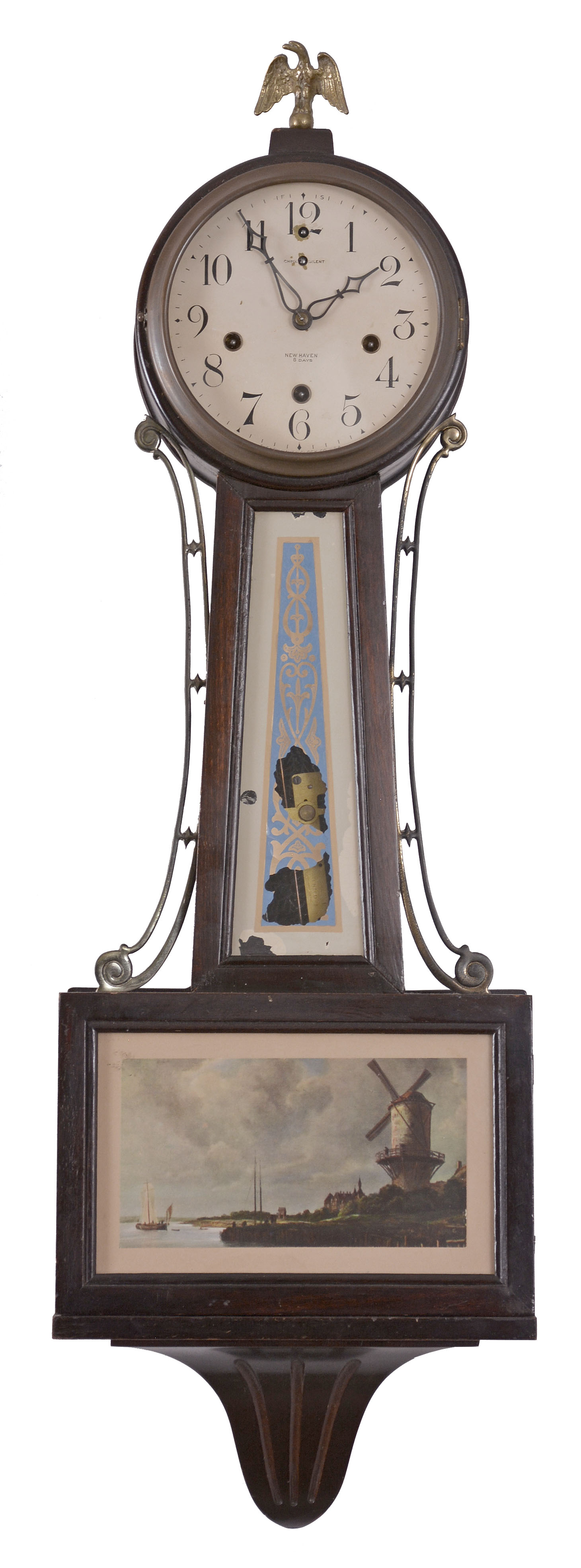 Clocks- 2 (Two): (1) Seth Thomas Clock Co., Thomaston, Conn., Plymouth "Banjo No. 5" wall clock, 8 day, time and strike, spring driven movement in a walnut case, c1929; (2) New Haven Clock Co., New Haven, Conn.," Whitney" wall clock, 8 day, time and strike with Westminster chime, in a walnut case, c1932. — Antique Clocks Price Guide