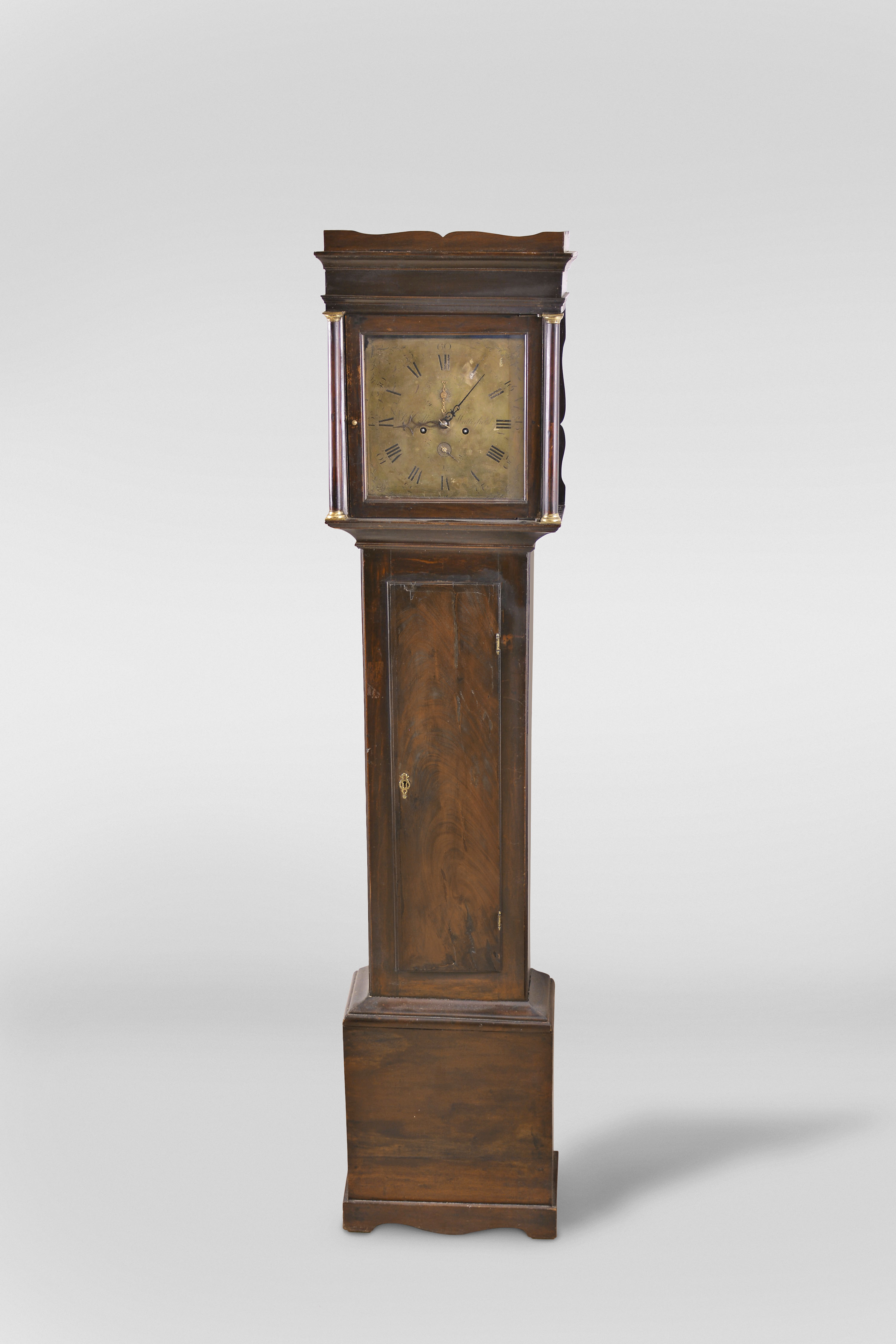 John Collins, Wattisfield, England, tall clock, 8 day, time and strike, weight driven movement in a mahogany case with crotch mahogany door on bracket feet with engraved square sheet brass dial — Antique Clocks Price Guide