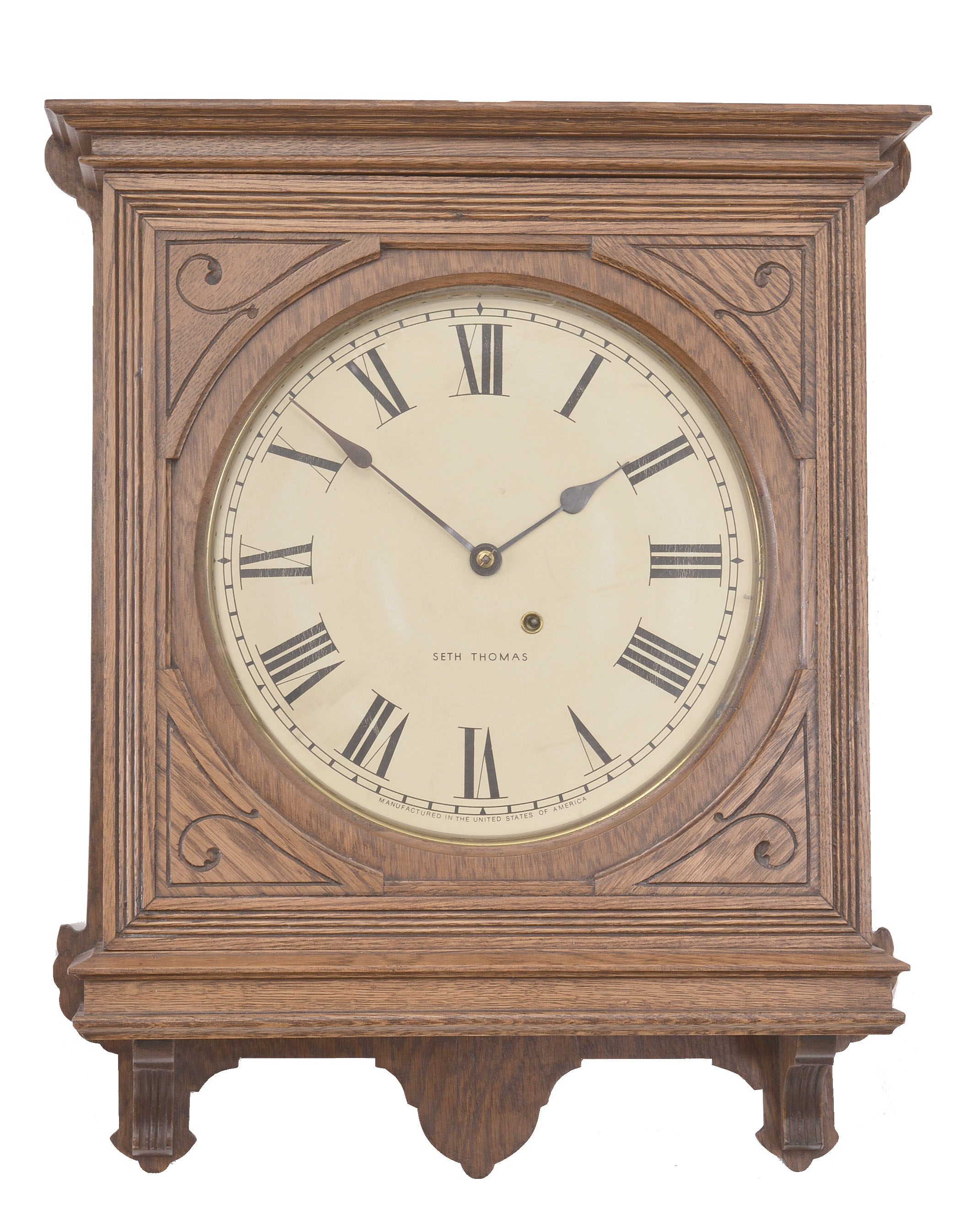 Seth Thomas Clock Co., Thomaston, Conn., "Office No. 5" wall clock, 8 day, time only, spring driven movement in an oak case with 12 inch papered metal dial, blued steel spade hands. — Antique Clocks Price Guide