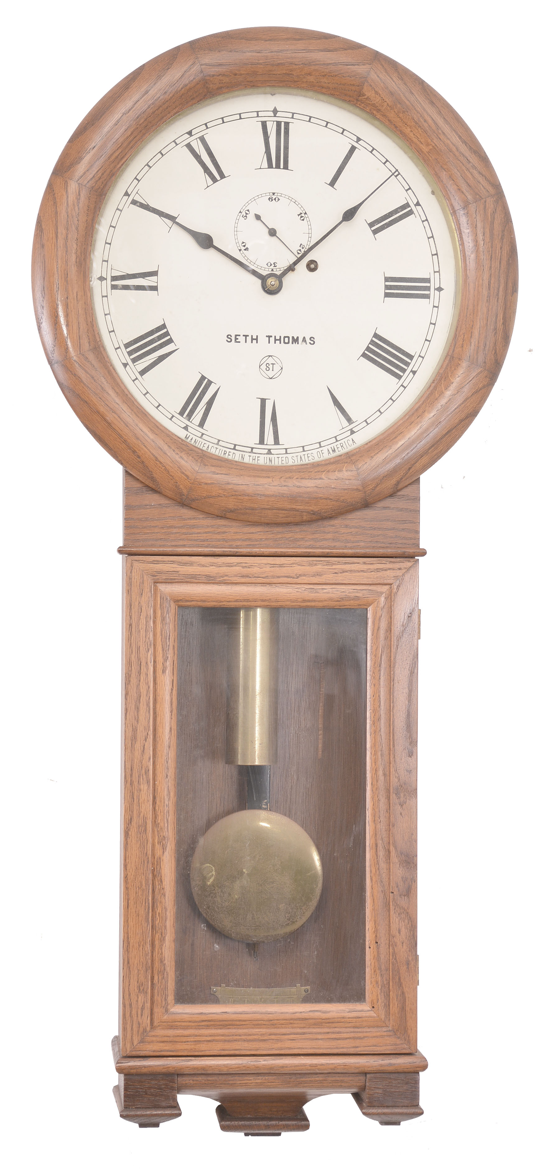 Reproduction Seth Thomas, "Regulator No. 2" wall clock, 8 day, time only, weight driven movement in an oak case with painted metal dial. — Antique Clocks Price Guide