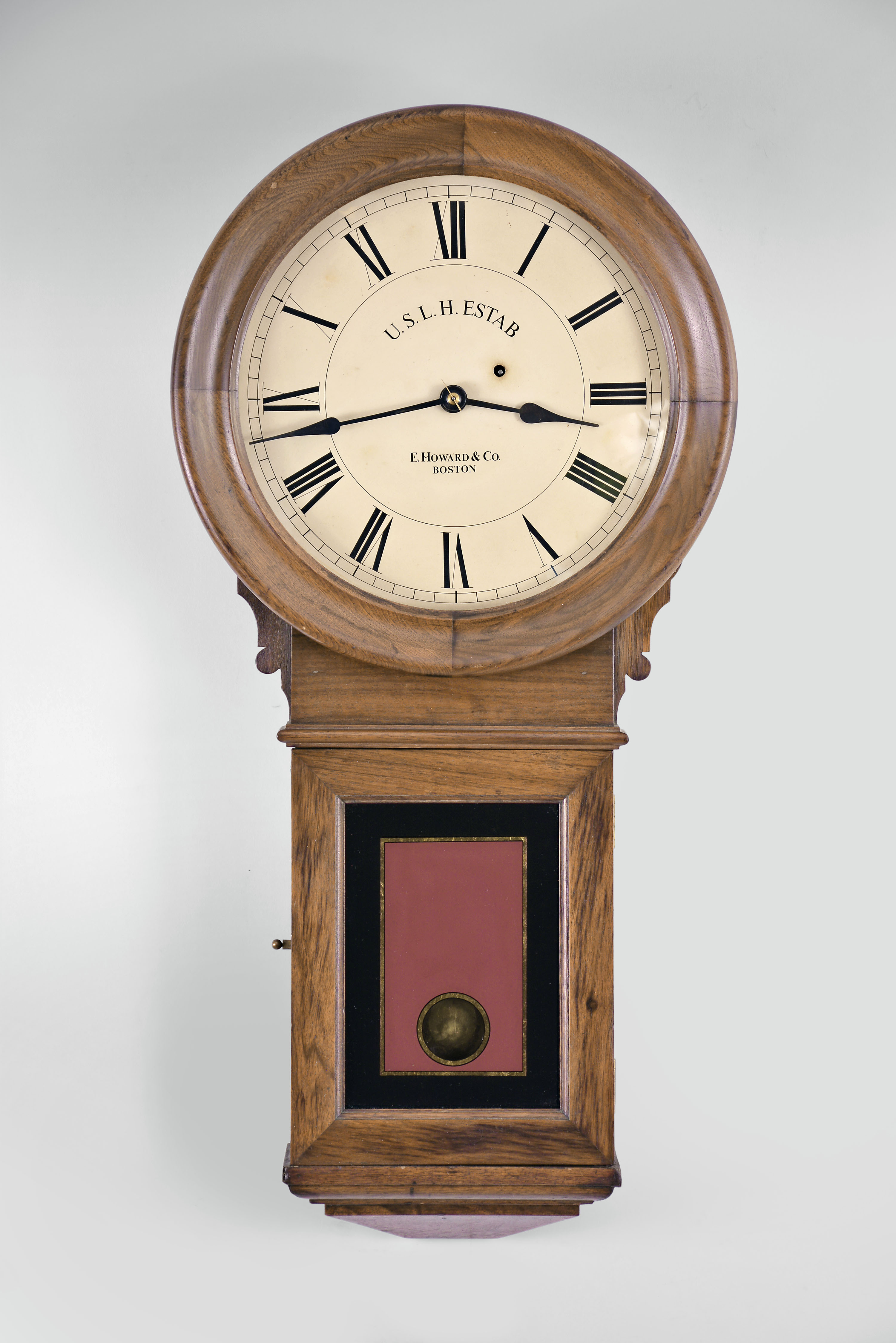 E. Howard & Co., Boston, Mass., "Regulator No. 70", 8 day, weight brass movement wall timepiece. The dial is signed "U.S. L. H. Estab ". — Antique Clocks Price Guide