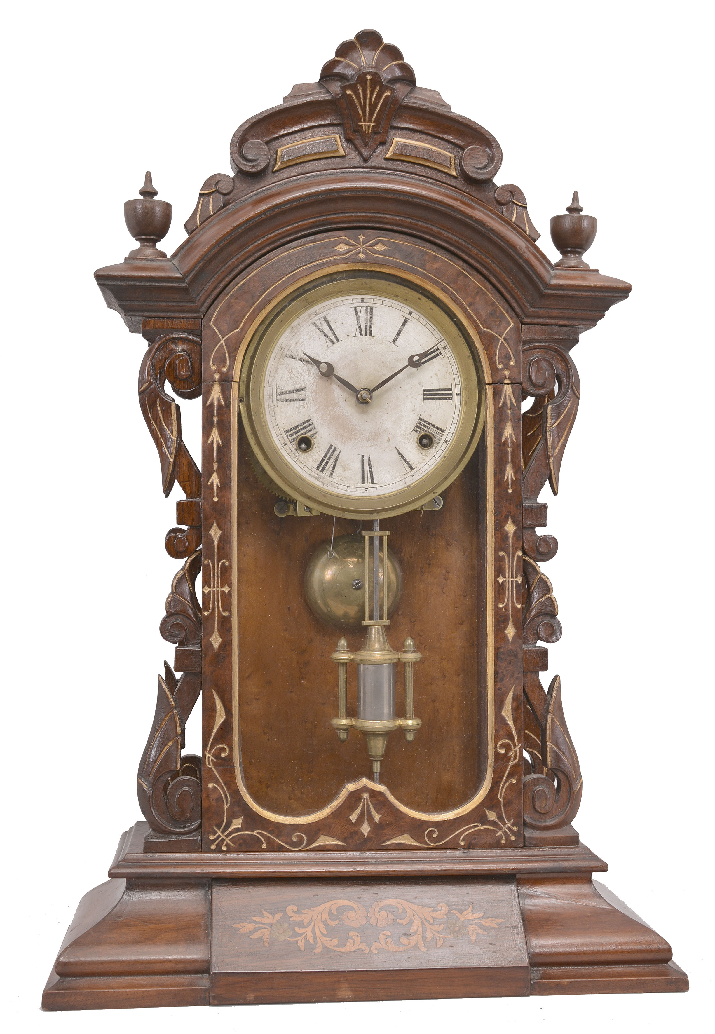Ansonia Clock Co., New York, "Fifth Avenue", 8 day, time and strike, spring driven movement in a walnut and walnut burl veneer case with carved elements. — Antique Clocks Price Guide