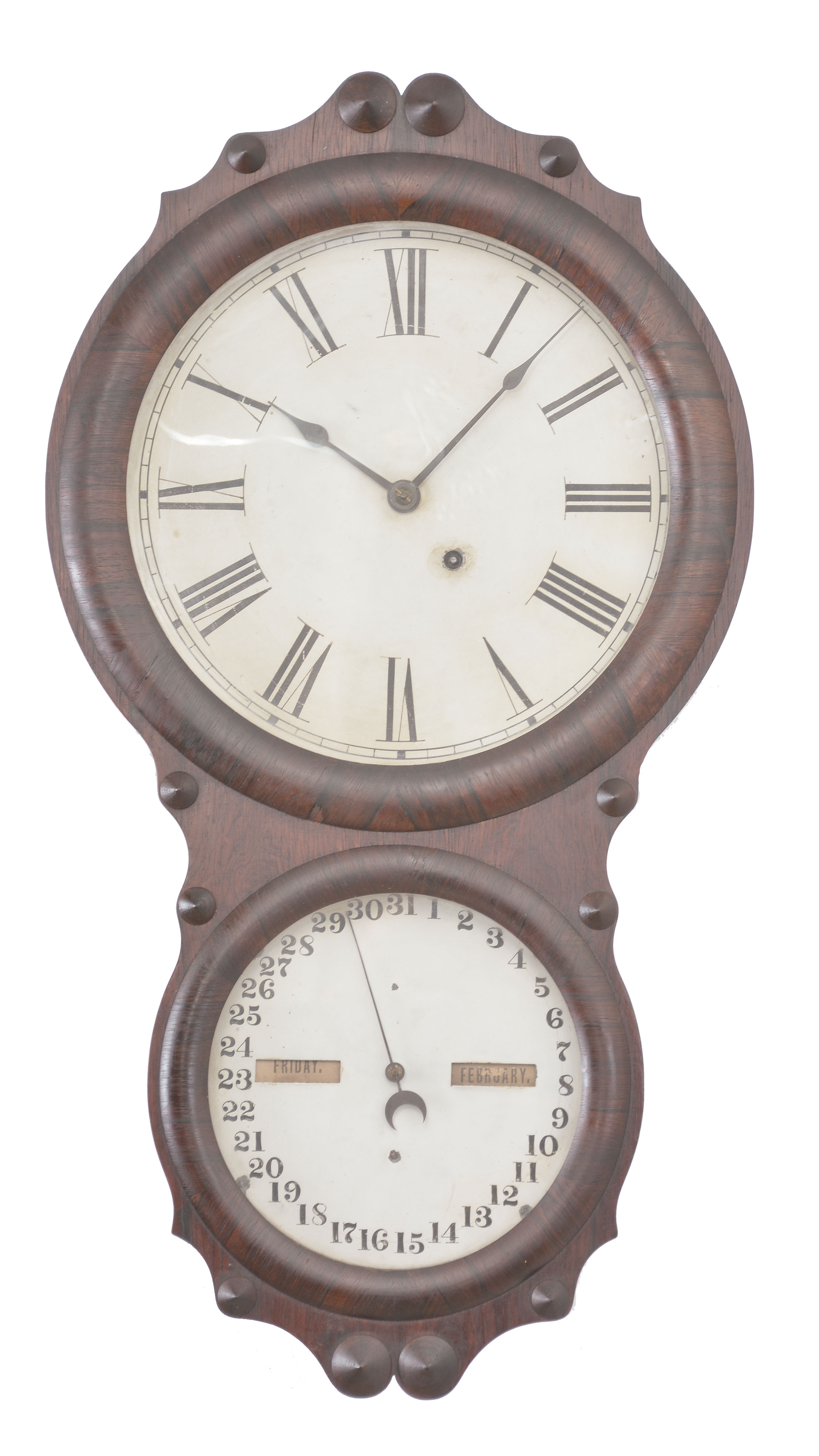 Seth Thomas Clock Co., Thomaston, Conn., "Office Calendar No. 4" wall clock, 8 day, spring driven movement with perpetual calendar mechanism showing on the lower dial in a rosewood veneered case. — Antique Clocks Price Guide