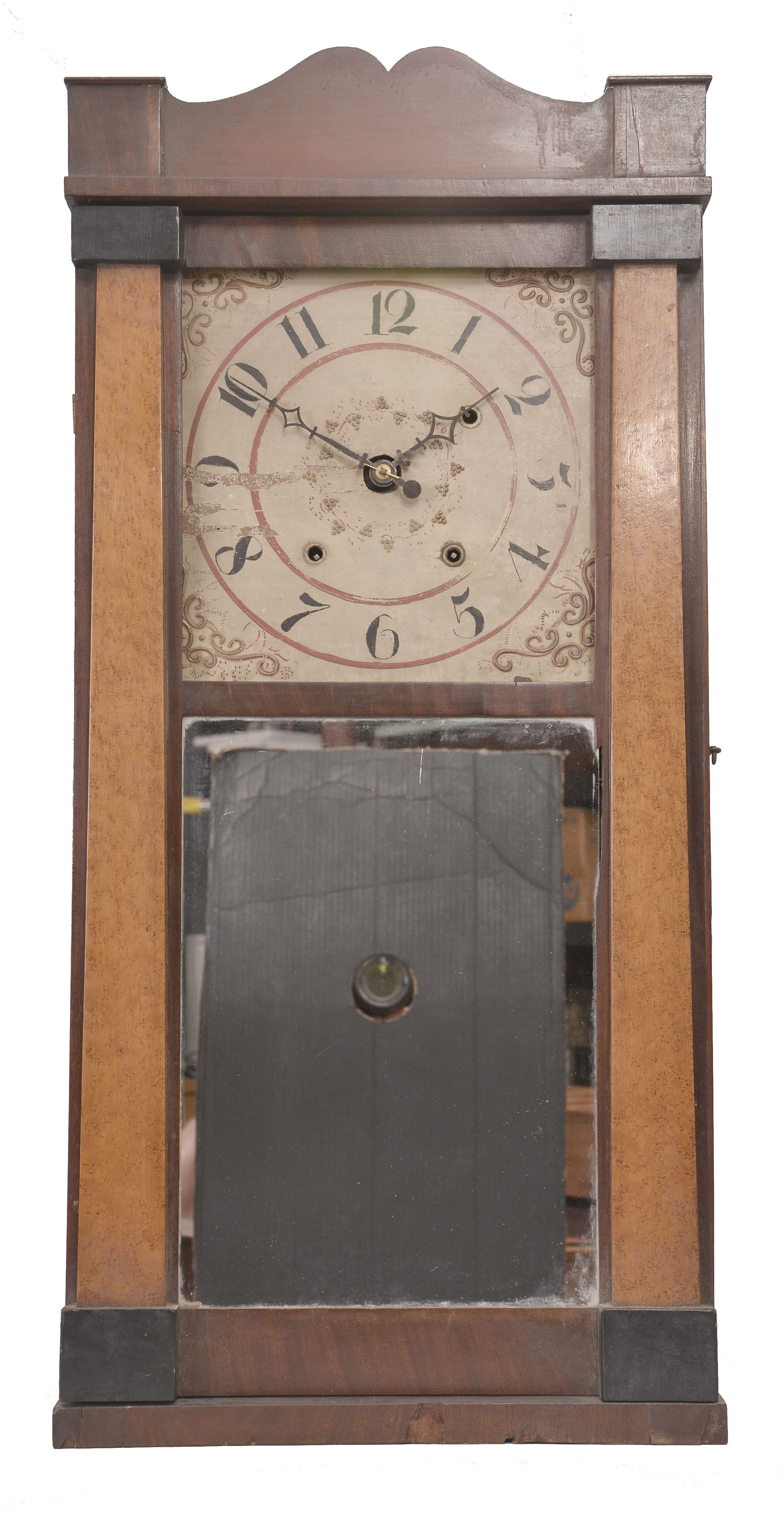 Clocks- 2 (Two): (1) E. & G. Bartholemew, Bristol, Conn., 30 hour, time and strike weight wood movement pilaster and splat shelf clock. c1832 (2) Daniel Pratt, Jr., Reading Mass., 30 hour, time and strike weight wood movement corner columns and splat shelf clock. c1839 — Antique Clocks Price Guide
