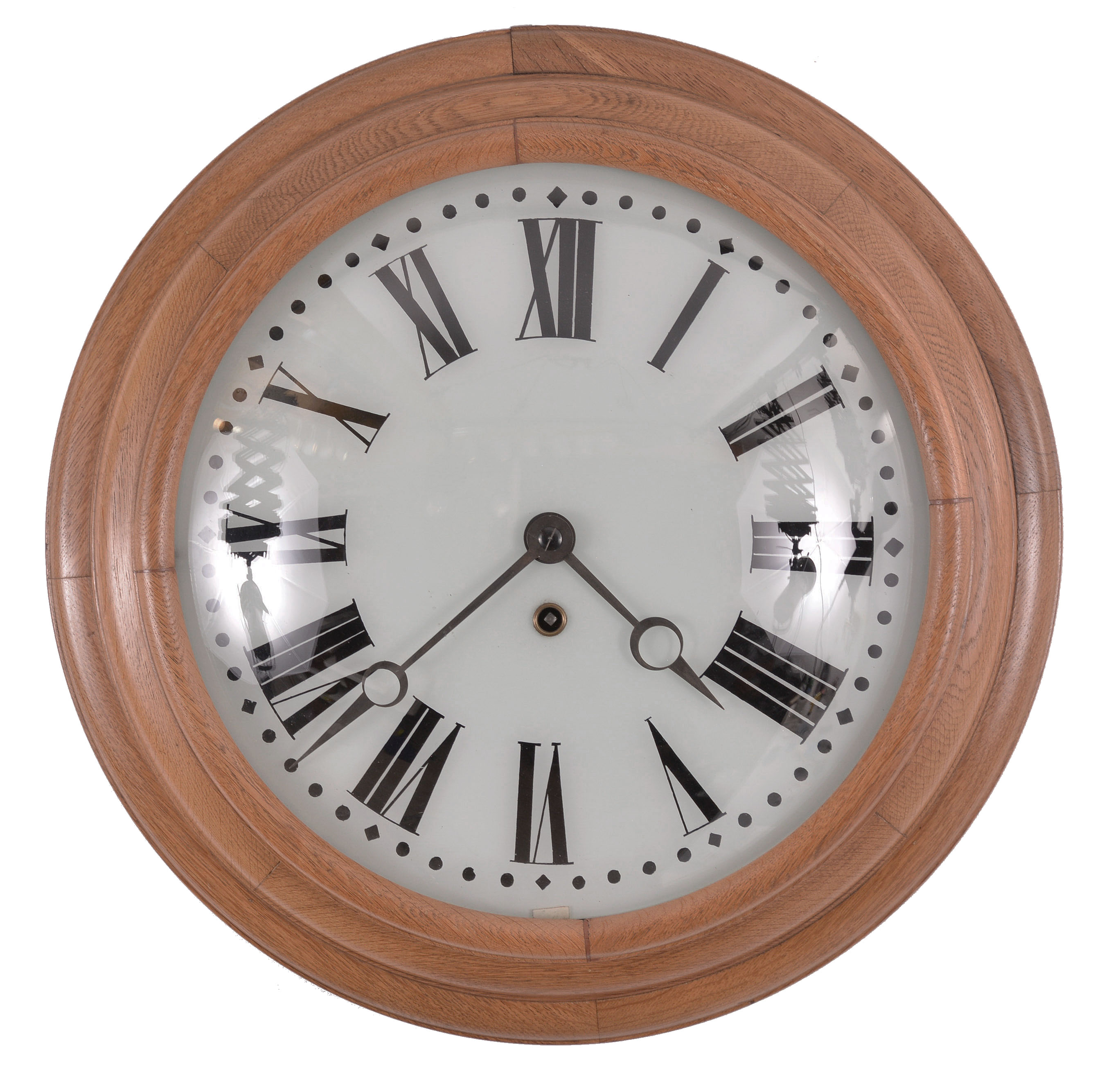 B.M. and C., France, gallery clock, 8 day, time only, spring driven movement with Brocot deadbeat escapement in a wood case with oak bezel, convex glass, back-painted glass dial with Roman numerals, and blued steel Breguet hands. — Antique Clocks Price Guide