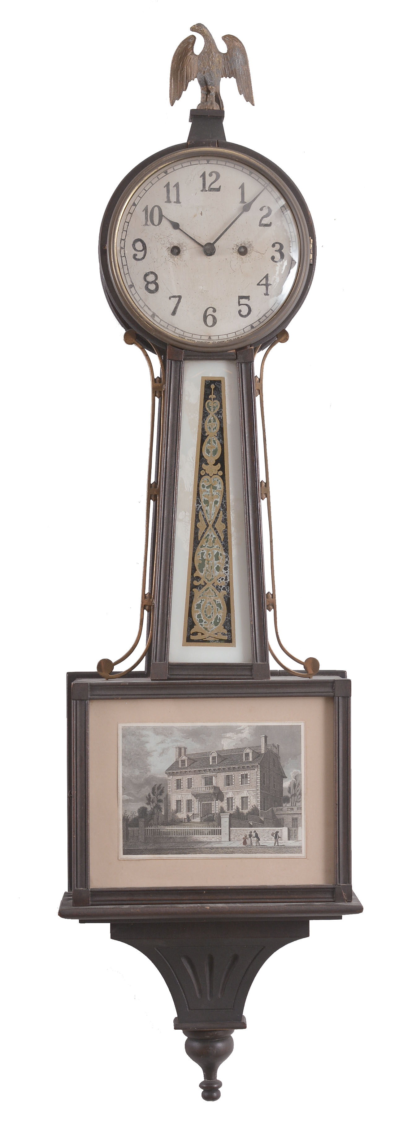Clocks- 3 (Three): (1) New Haven Clock Co., New Haven, Conn., "Willard" banjo clock, 30 day, time and strike, spring driven movement in a mahogany case, c1911; (2) Ansonia Clock Co., New York, "Modern" mirror clock, 8 day, time only, spring driven movement with lever escapement, c1923; (3) Seth Thomas Clock Co., Thomaston, Conn., "10 Inch Drop Octagon", 8 day, time only, spring driven movement in a oak case, c1917. — Antique Clocks Price Guide