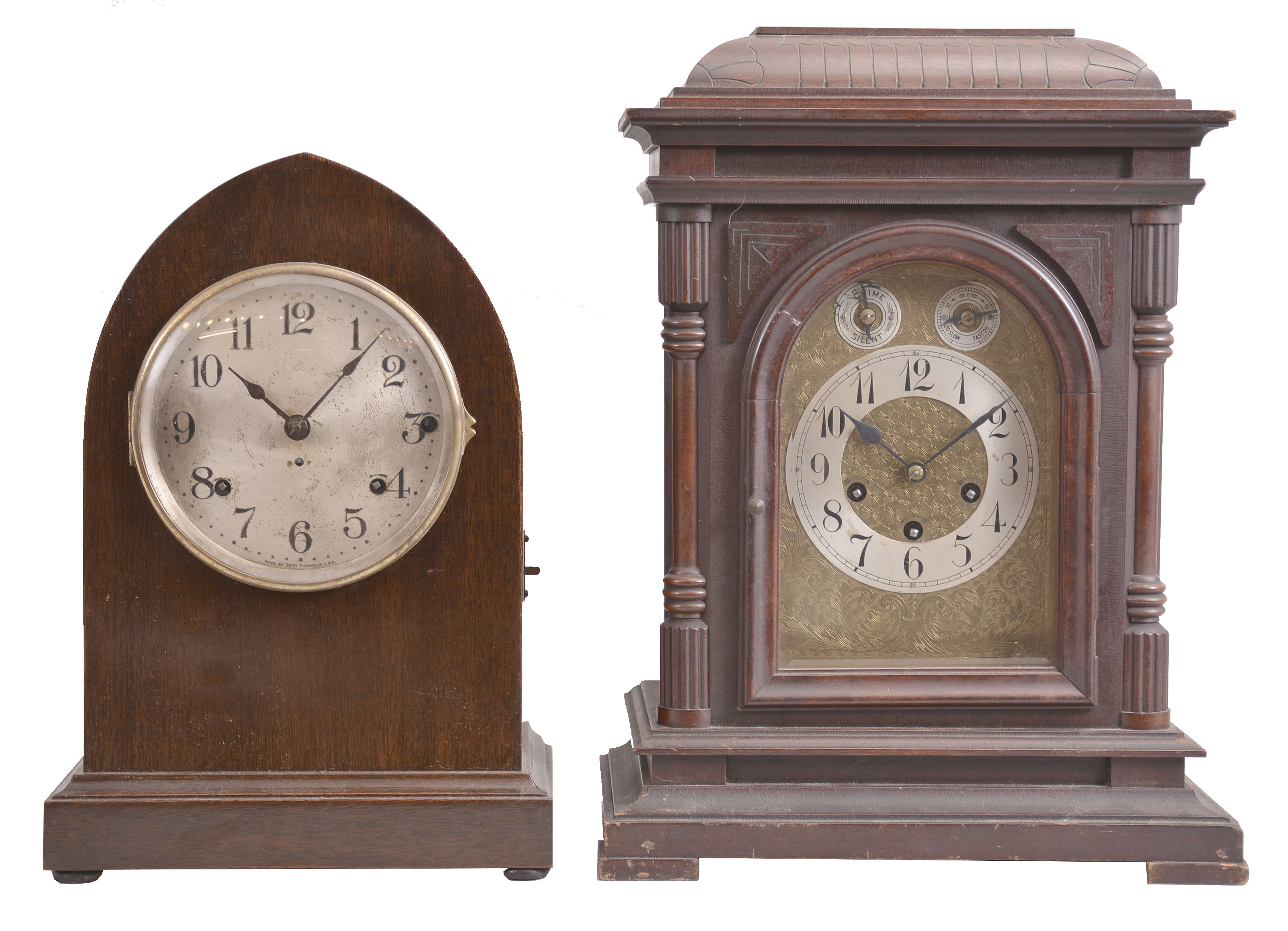 Clocks- 2 (Two) chiming: (1) Seth Thomas Clock Co., Thomaston, Conn., "Chime Clock No. 14" mantel clock, 8 day, time and strike with Westminster chime, spring driven movement with second Sonora chime movement in a mahogany case, c1911; (2) Gebruder Junghans AG, Schramberg, Germany, mantel clock, 8 day, time and strike with Westminster chime, spring driven movement in a mahogany case, c1910. — Antique Clocks Price Guide
