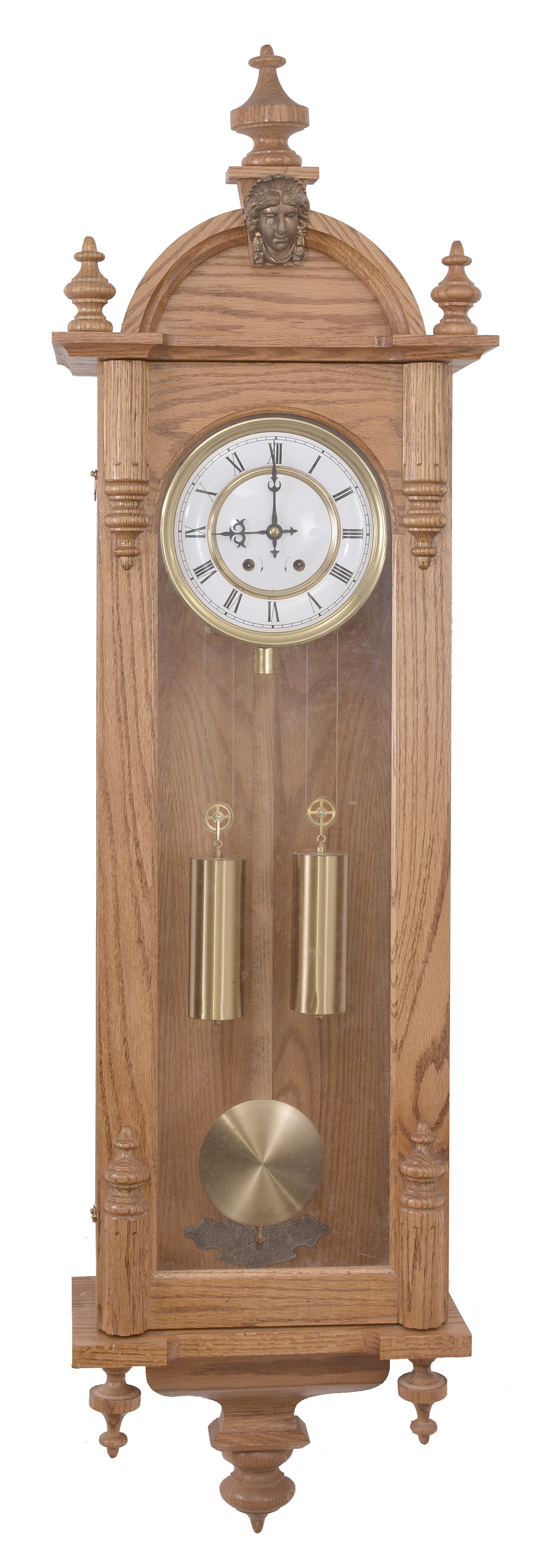 Clocks- 2 (Two): (1) Seth Thomas Clock Co., Thomaston, Conn., "Office No. 5" wall clock, 8 day, time only, spring driven movement in an oak case with painted metal dial, c1910; (2) Reproduction Ansonia "Capitol" wall clock, 8 day, time and strike, weight driven movement in an oak case, c1990. — Antique Clocks Price Guide