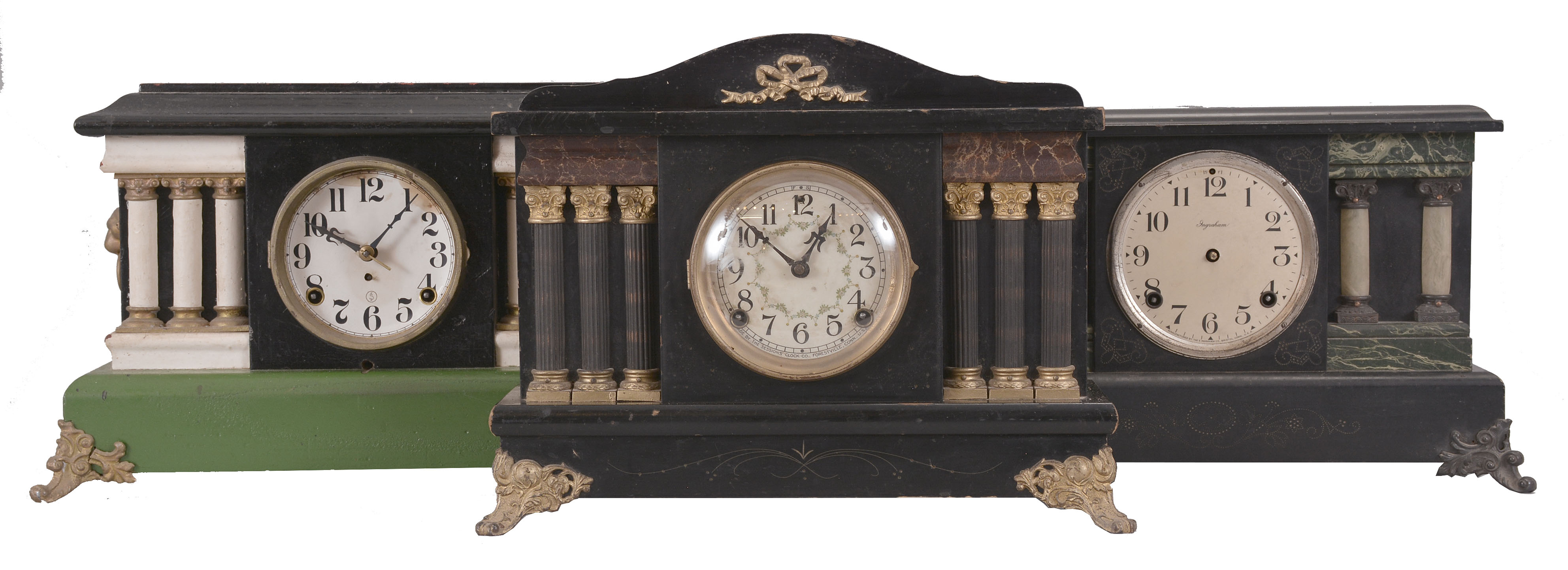 Clocks- 7 (Seven) Mantel: 8 day, time and strike, spring driven black painted wood mantel clocks by makers such as Sessions, Ingraham, and Waterbury. Also included is a French mantel clock with mahogany case, white enamel dial, and Japy Freres movement. — Antique Clocks Price Guide