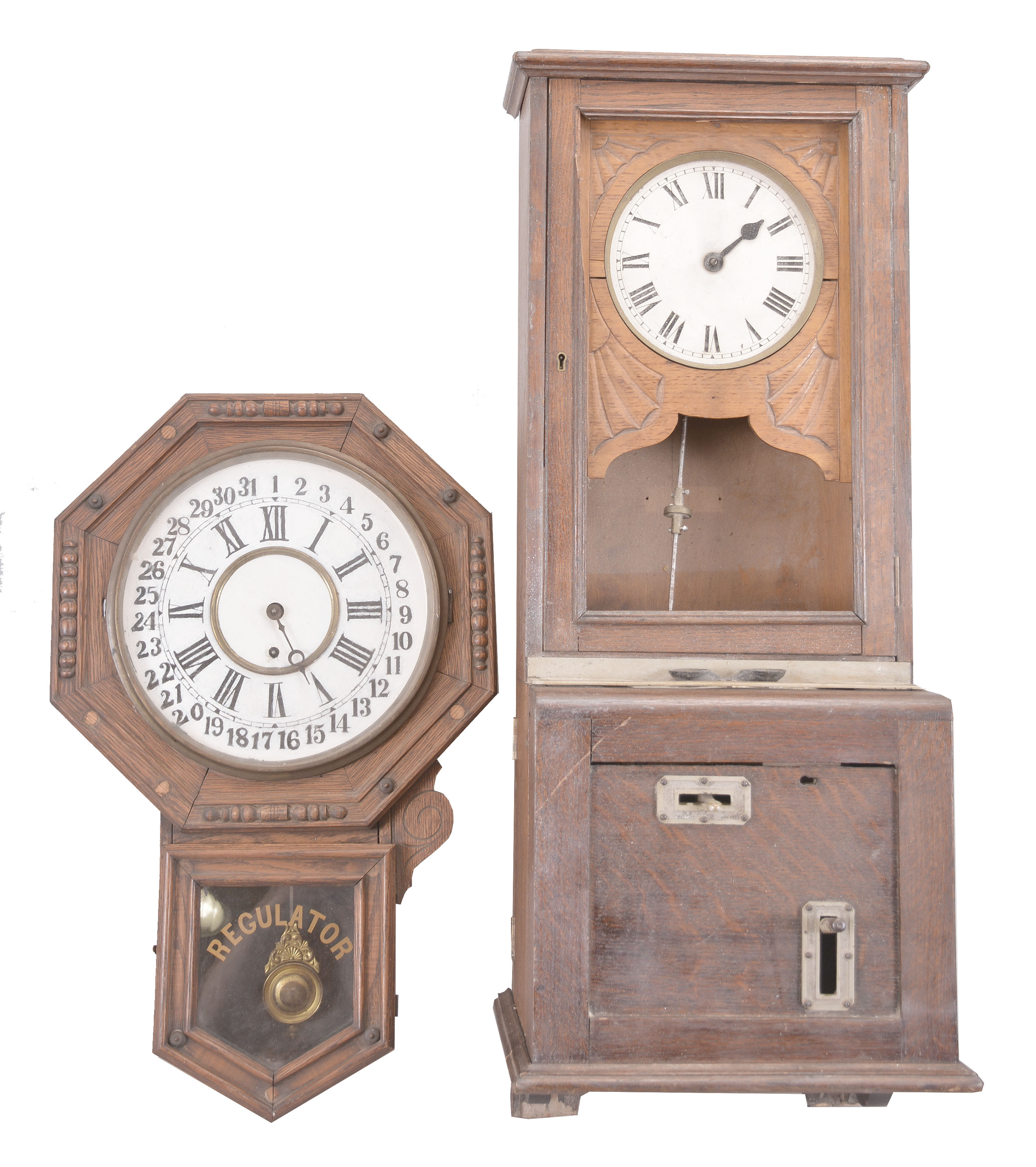 Clocks- 4 (Four) Wall: (1) Sessions Clock Co., "Regulator E", 8 day, time and simple calendar in an oak case with customized pendulum, c1910; (2) New Haven Clock Co. for the American Wringer Co., "Braddock", 8 day, time and simple calendar in an oak case, c1900; (3) Store regulator, time and strike, spring driven clock fitted with a Chauncey Jerome weight driven movement; (4) Wall-mounted time recorder in an oak case, c1930. — Antique Clocks Price Guide