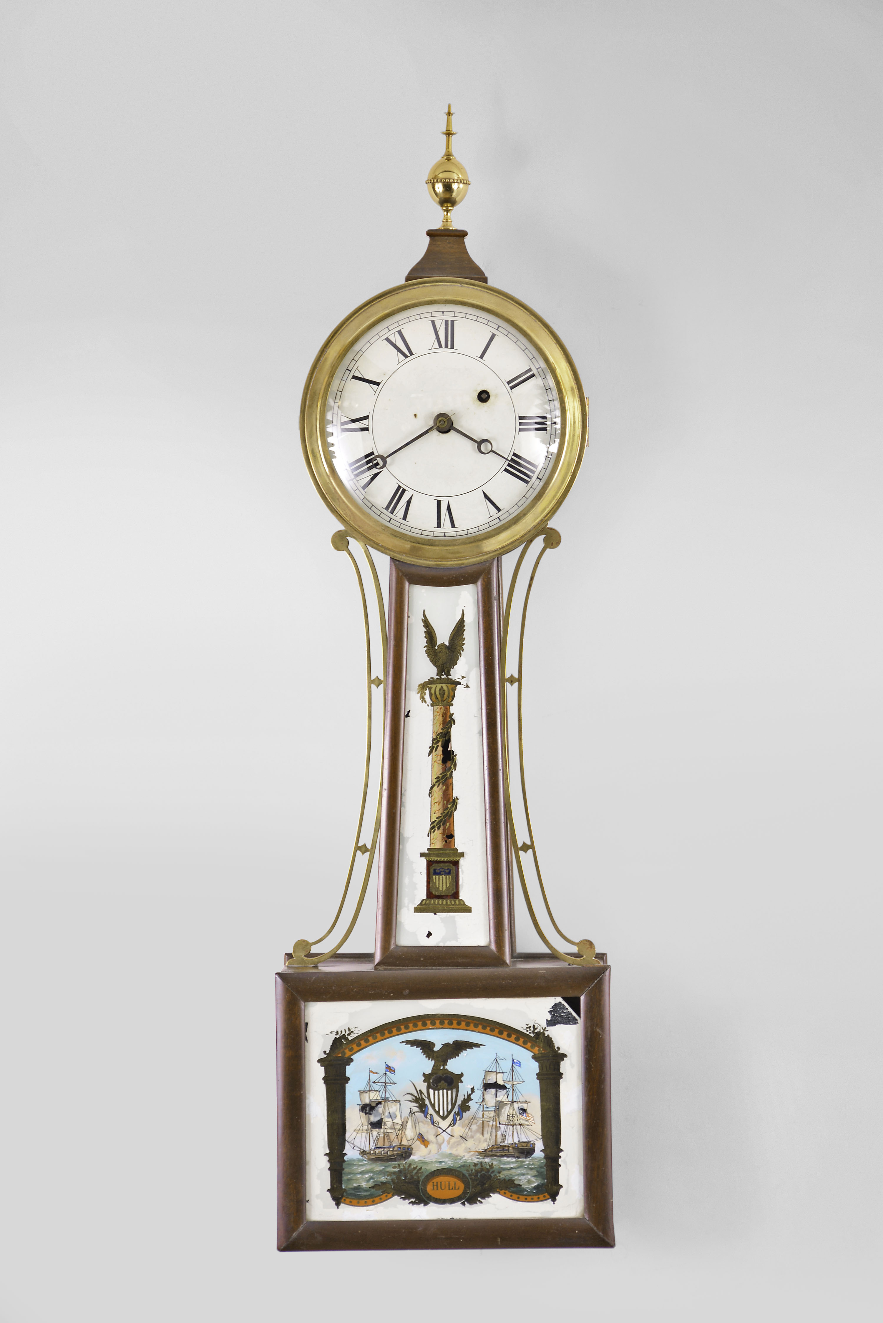 Chelsea Clock Co., Boston, Mass., 8 day, weight brass movement patent or banjo timepiece. Serial No. 88683 — Antique Clocks Price Guide