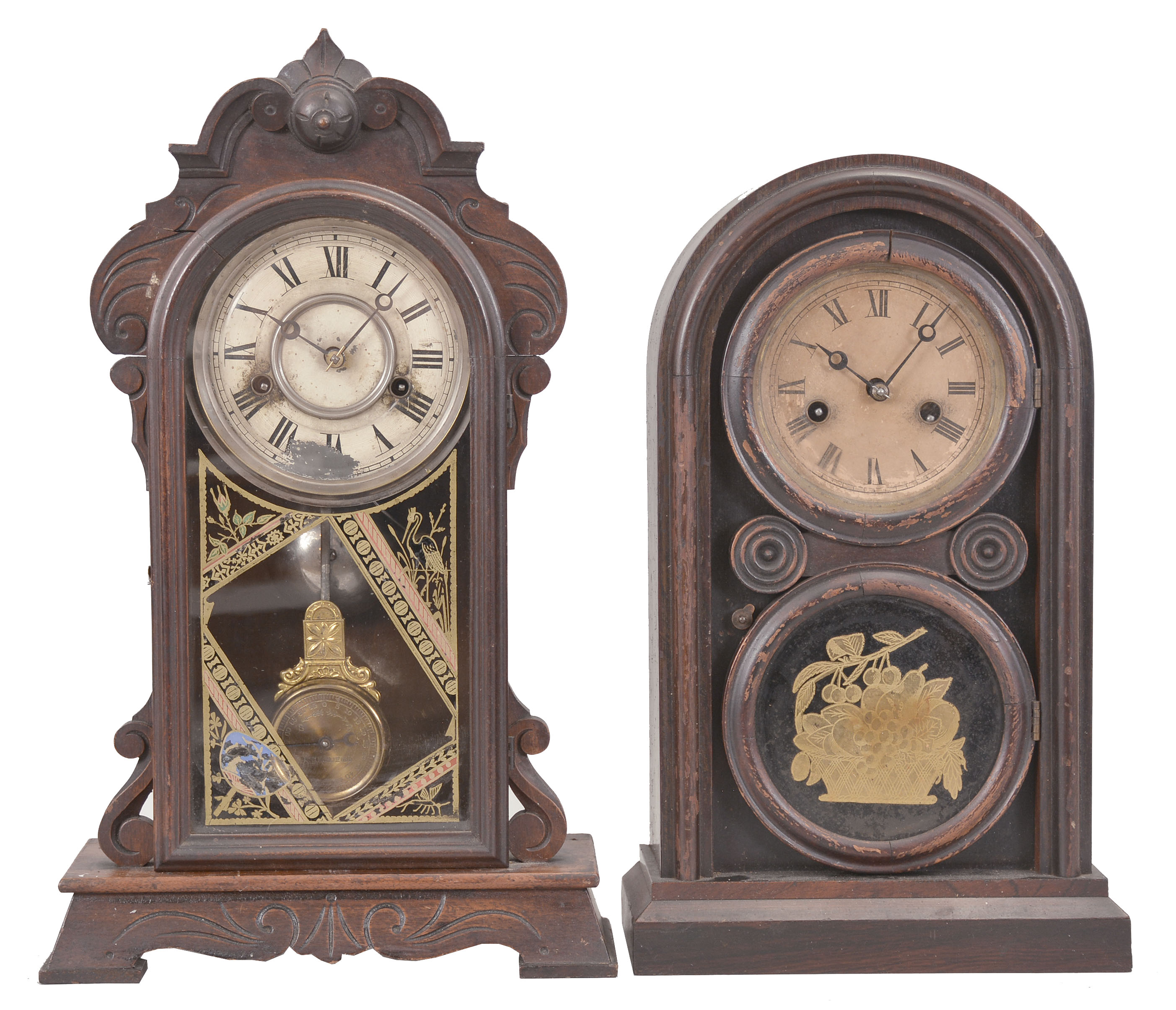 Clocks- 4 (Four): (1) New Haven Clock Co., "Don" mantel clock, 30 hour, time and strike, spring driven movement in a walnut case with patented "Dial Pendulum Ball", c1881; (2) E. Ingraham, "Venetian No. 3" mantel clock, 30 hour, time and strike, spring driven movement in a rosewood veneer case, c1880; (3) Welch, Spring, & Co., "Empress" mantel clock, 8 day, time and strike in a rosewood veneer case, c1880; (4) Waterbury Clock Co., "Cardinal" mantle clock, 30 hour, time and strike with alarm, spring driven movement in a rosewood veneered case, c1881. — Antique Clocks Price Guide