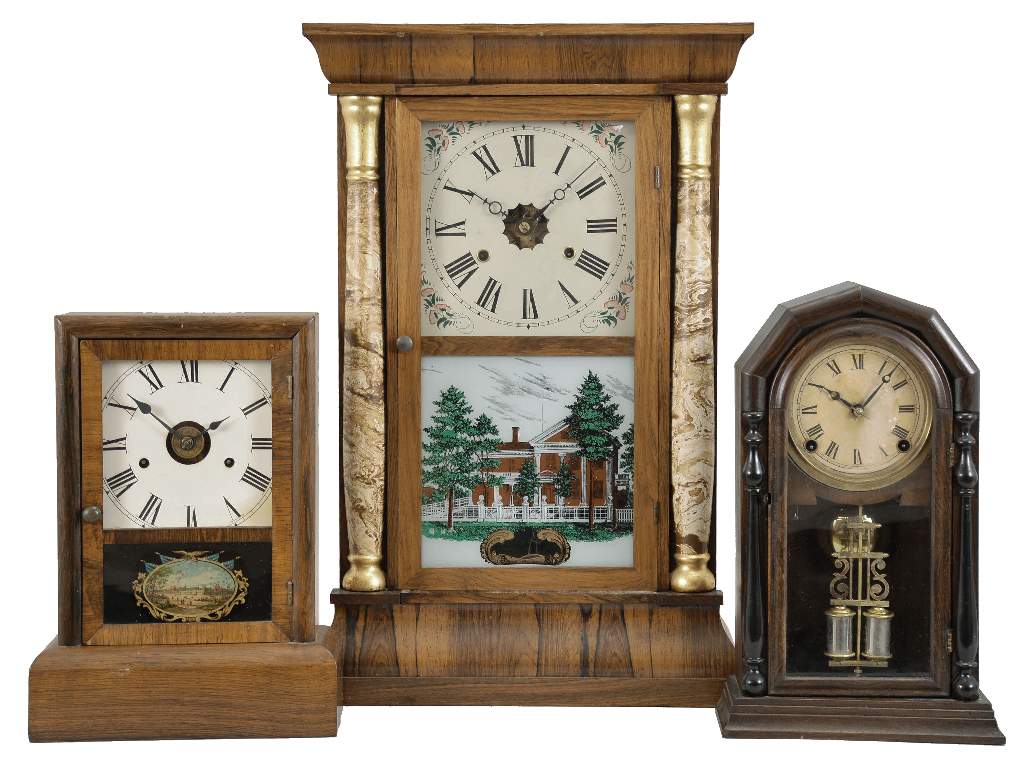 Clocks- 3 (Three): (1) E.N. Welch, Forestville, Conn., "Column" shelf clock, 30 hour, time and strike, weight driven movement in a rosewood veneer case, c1872; (2) Seth Thomas Clock Co., Thomaston, Conn., "Cottage" clock, 30 hour, time and strike with alarm, spring driven movement in a rosewood veneer case, c1880; (3) E. Ingraham, Bristol, Conn., "Baltic, 8 day, time and strike, spring driven movement in a grain painted wood case, c 1880. — Antique Clocks Price Guide
