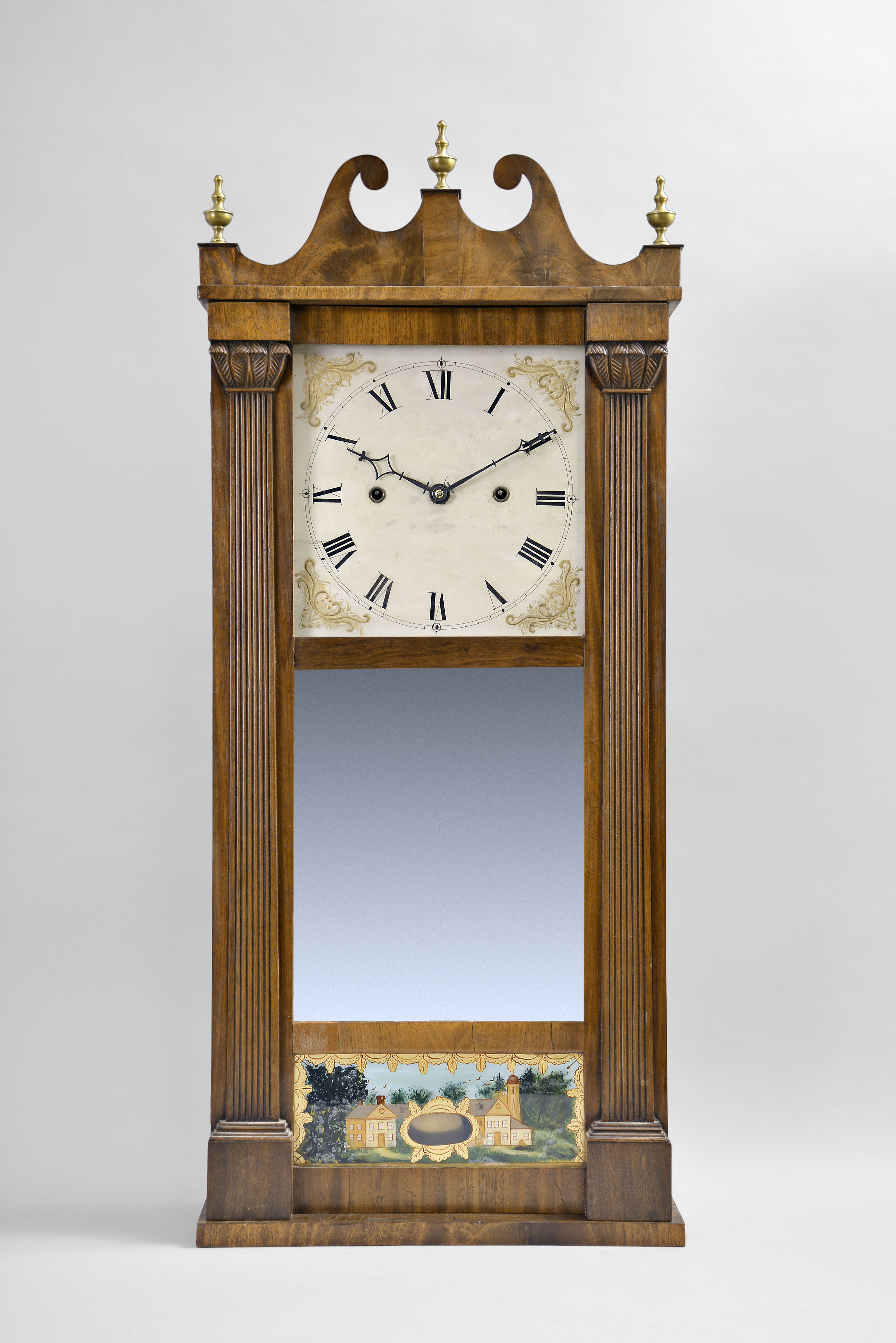 Merriman, Birge & Co., Bristol, Conn., 30 hour, weight wood movement with roller pinions reeded pilaster & scroll top shelf clock. — Antique Clocks Price Guide
