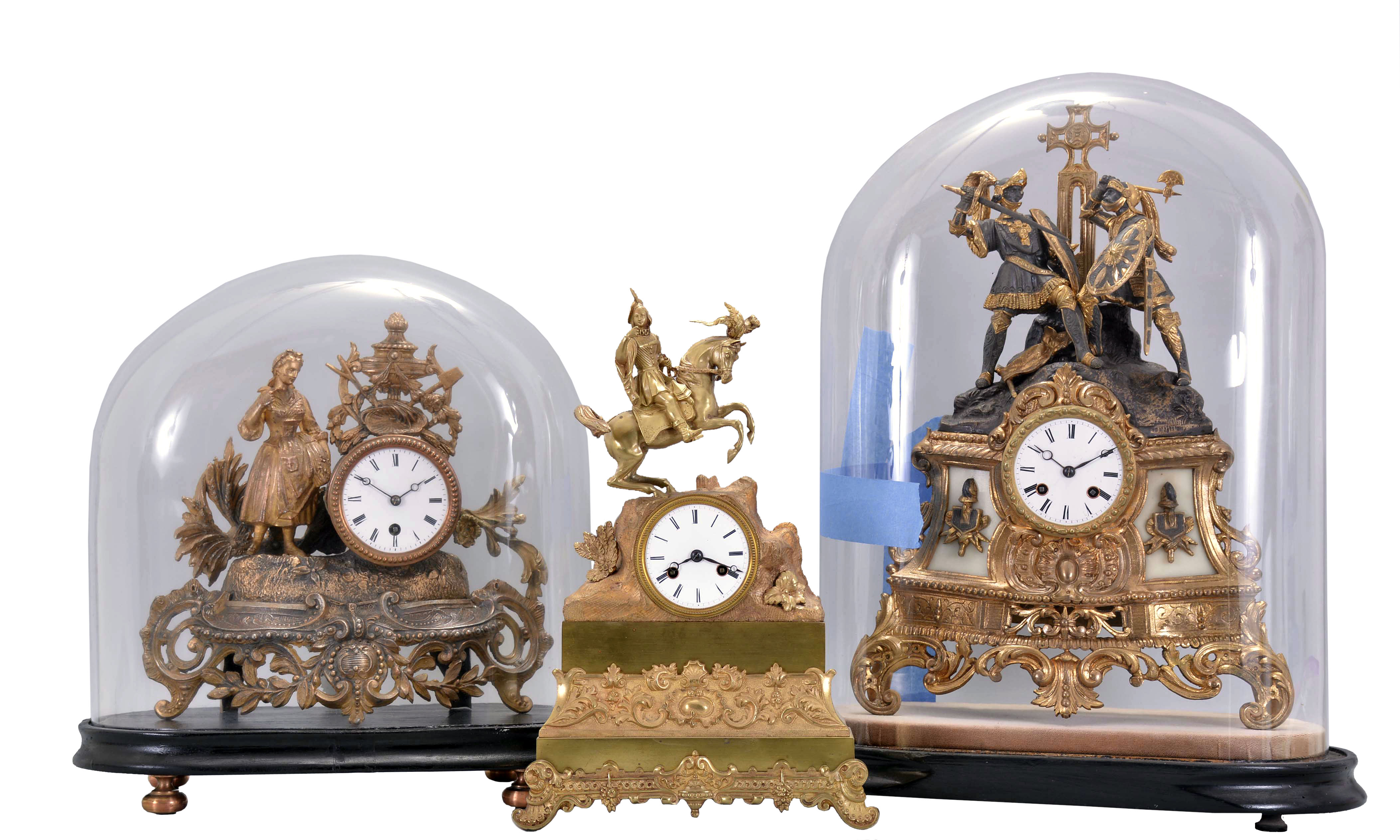 3 (Three) French figural clocks, two under domes (one dome with a crack), — Antique Clocks Price Guide