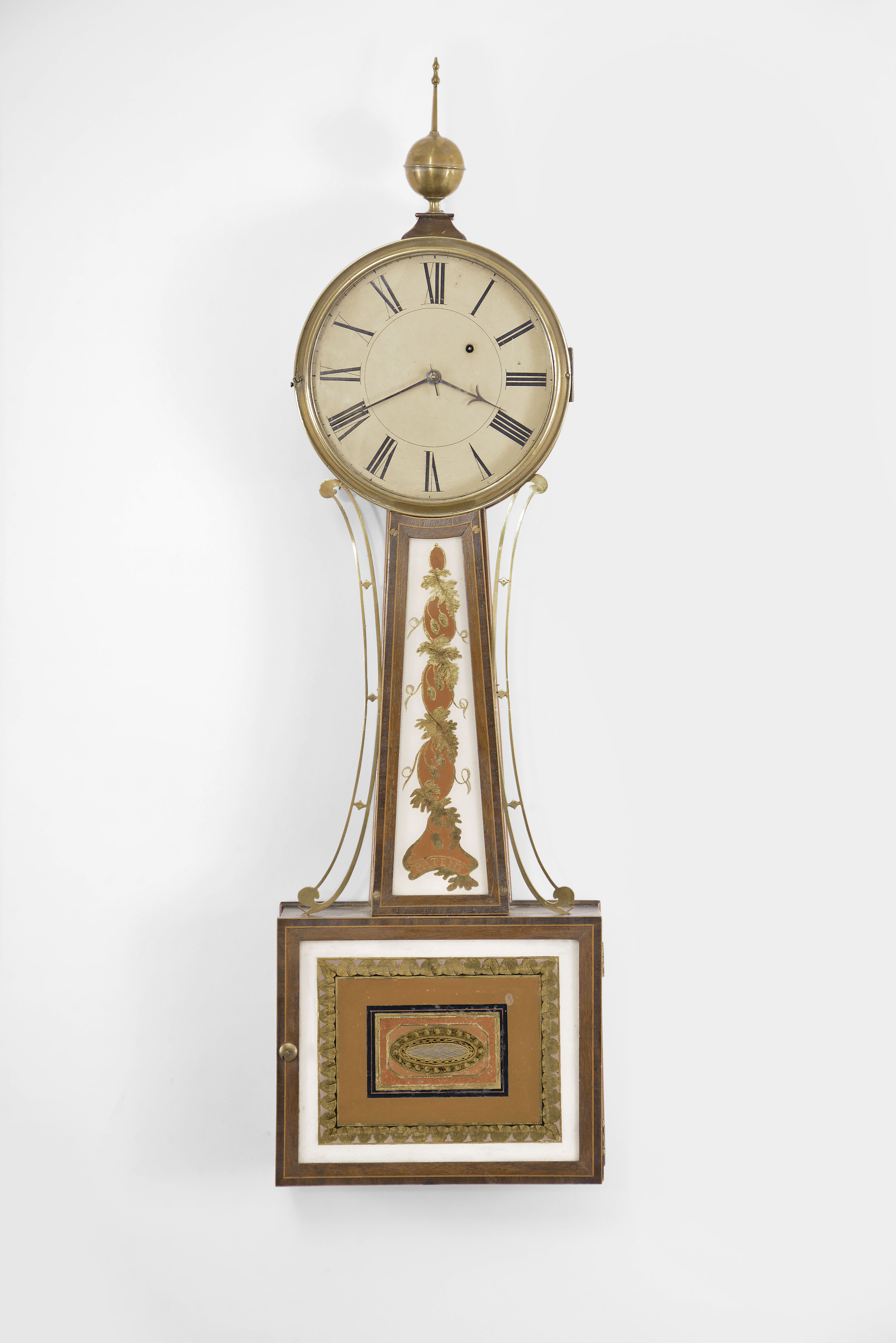 Perhaps Simon or Aaron Willard, Boston, Mass., 8 day, weight T-bridge brass movement banded case patent or banjo or wall timepiece — Antique Clocks Price Guide