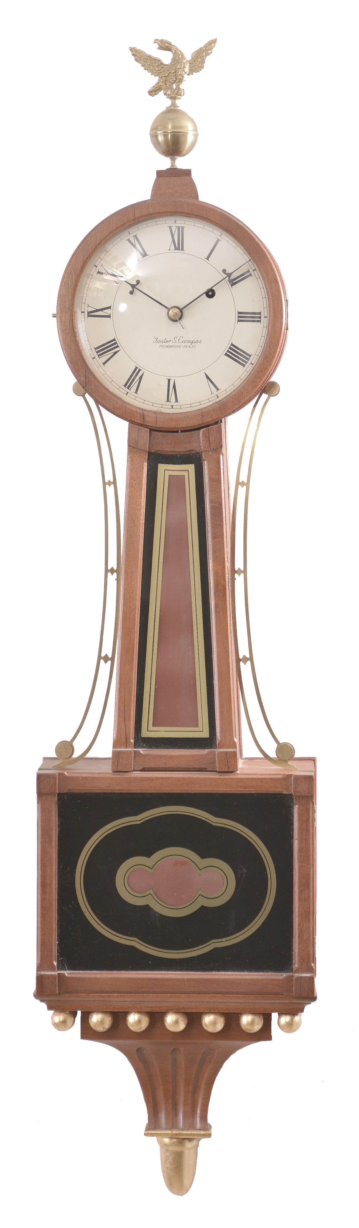 Clocks- 2 (Two): Banjo: (1) Unknown, possibly E. Howard, Boston, banjo clock, 8 day, time only, weight driven movement in a mahogany gilt front case with painted metal dial reading "E. Howard & Co. / Boston / Reproduction of The Willard.", c1910. (2) Unknown, banjo clock, 8 day, time only, weight driven movement in a handmade mahogany case with dial signed by Foster Campos, c1990. — Antique Clocks Price Guide