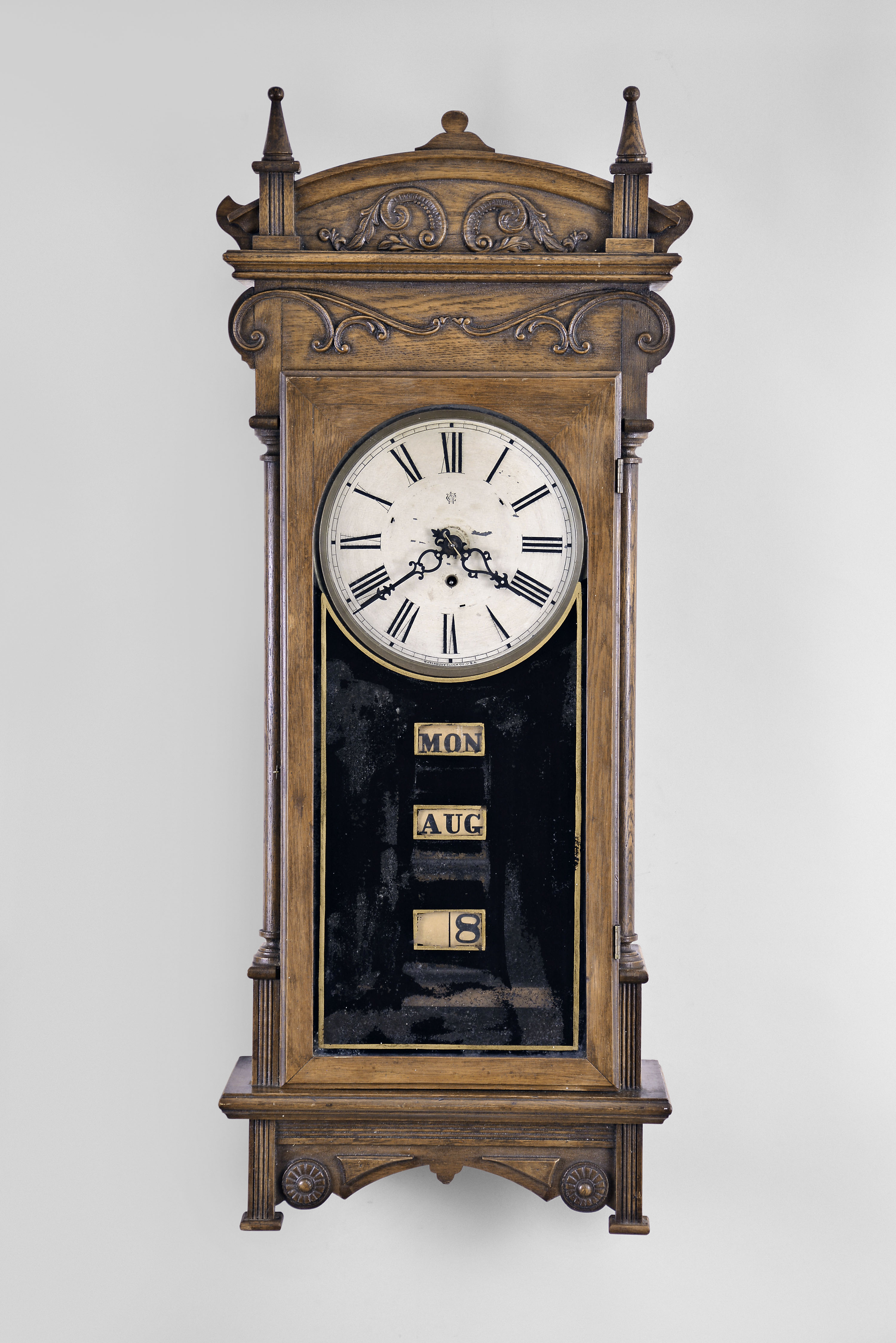 Waterbury Clock Co., Waterbury, Conn., "Peoria", 8 day, spring brass movement roller calendar clock. — Antique Clocks Price Guide