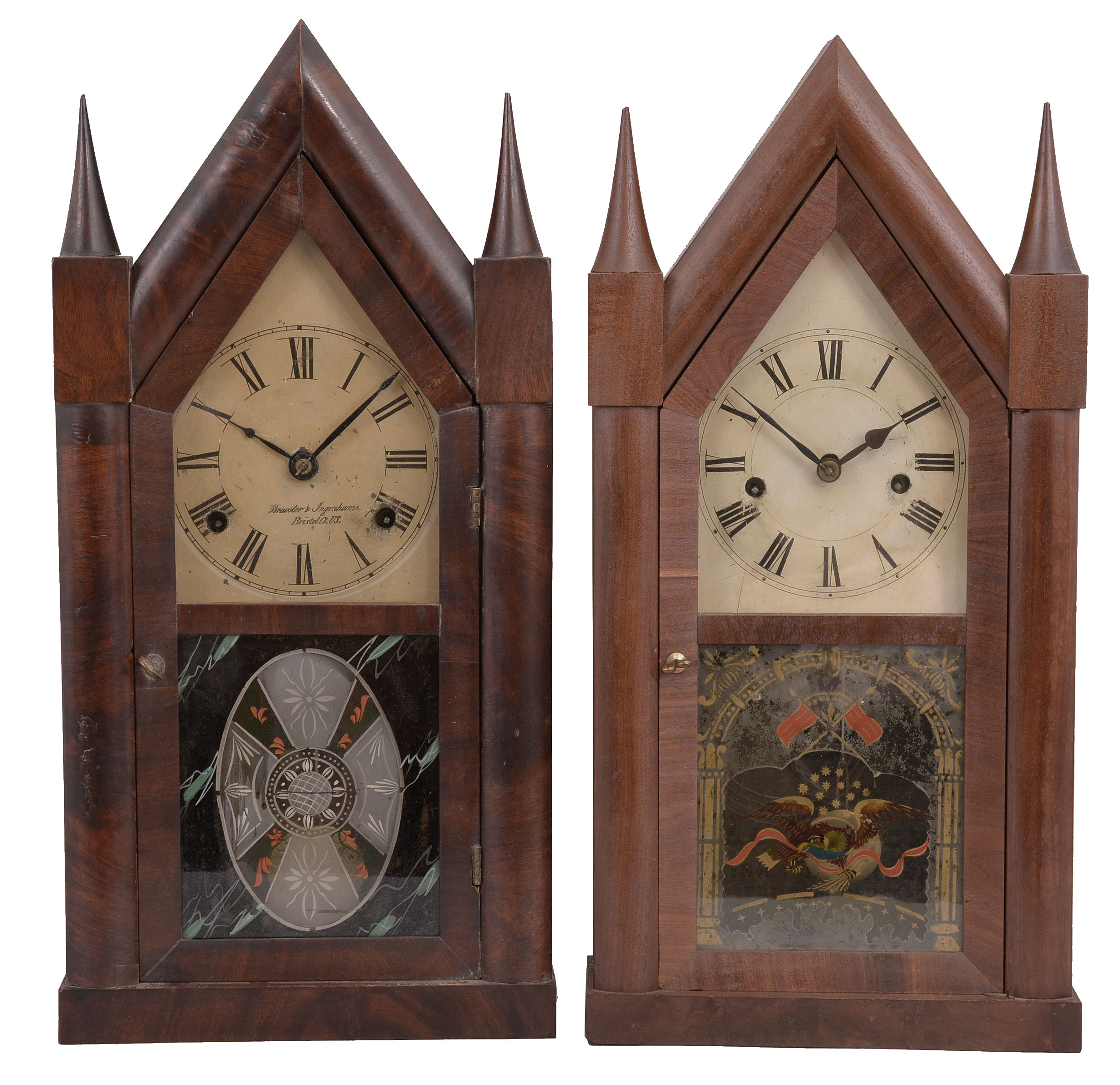 Clocks- 4 (Four) Time and strike, spring driven mantel clocks: (1) Elisha Manross, Bristol, Conn., sharp gothic or steeple clock, 30 hour movement in a mahogany veneer case, c1845; (2) Brewster & Ingrahams, Bristol, Conn., sharp gothic or steeple clock, 8 day movement in a figured hardwood veneer case, c1850; (3) Wm. L. Gilbert, Winsted, Conn., "Champion N" cabinet clock, 8 day movement in an oak case, c1895; (4) Wm. L. Gilbert, Winsted, Conn., "Dacca" cabinet clock, 8 day movement in an ash case, c1885; — Antique Clocks Price Guide
