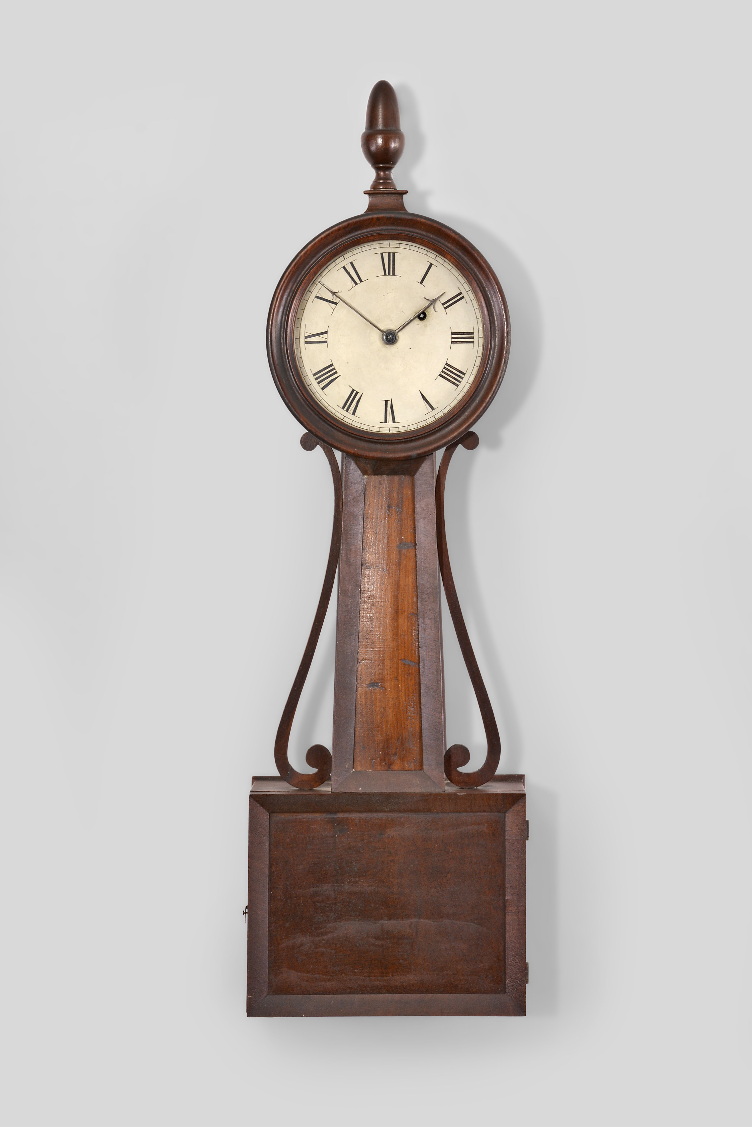 Williams & Hatch, North Attleboro, Mass., 8 day, weight brass movement wood front Patent or banjo timepiece. — Antique Clocks Price Guide