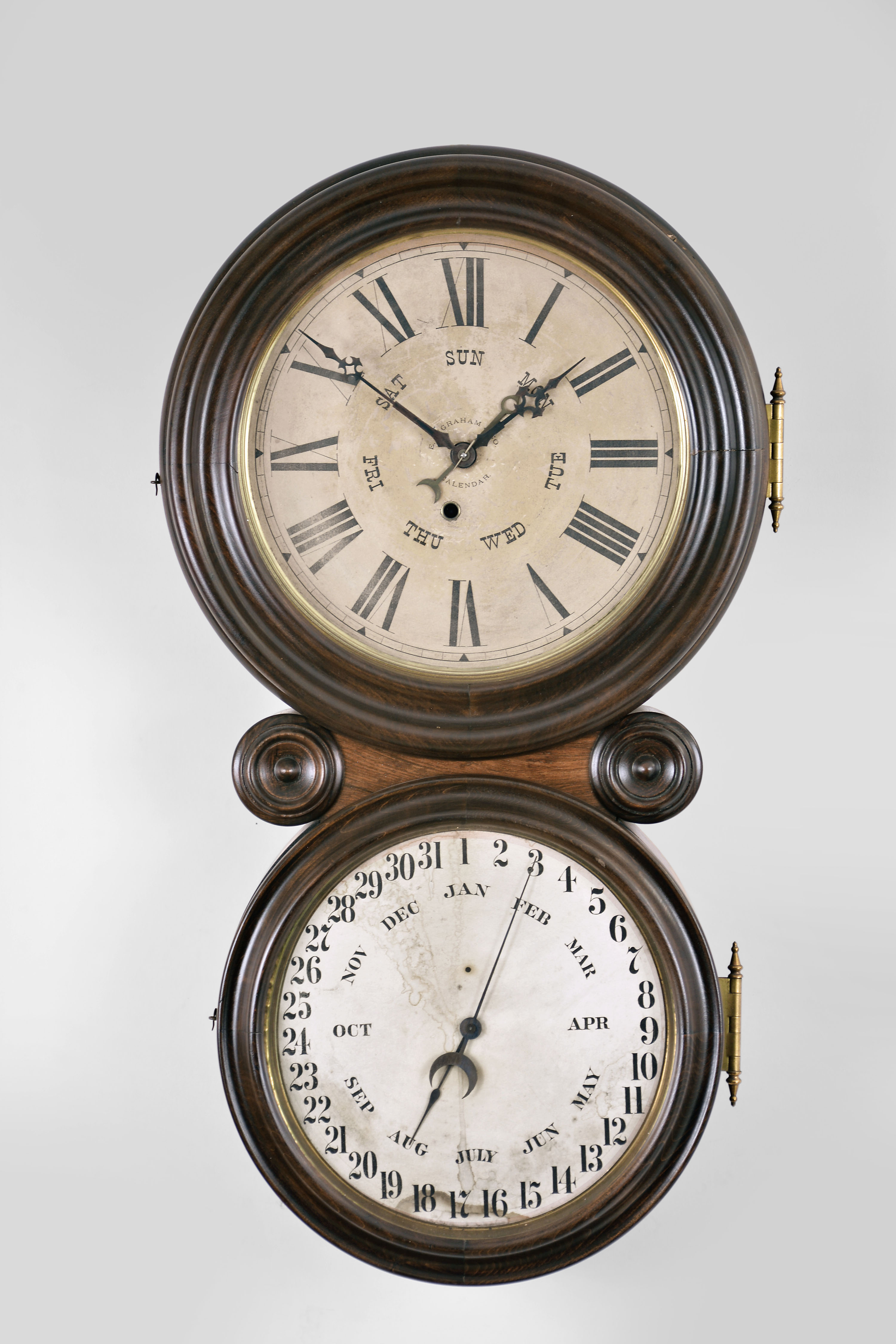 E. Ingraham & Co., Bristol, Conn., "Ionic Calendar", 8 day, spring brass movement double dial calendar timepiece. — Antique Clocks Price Guide