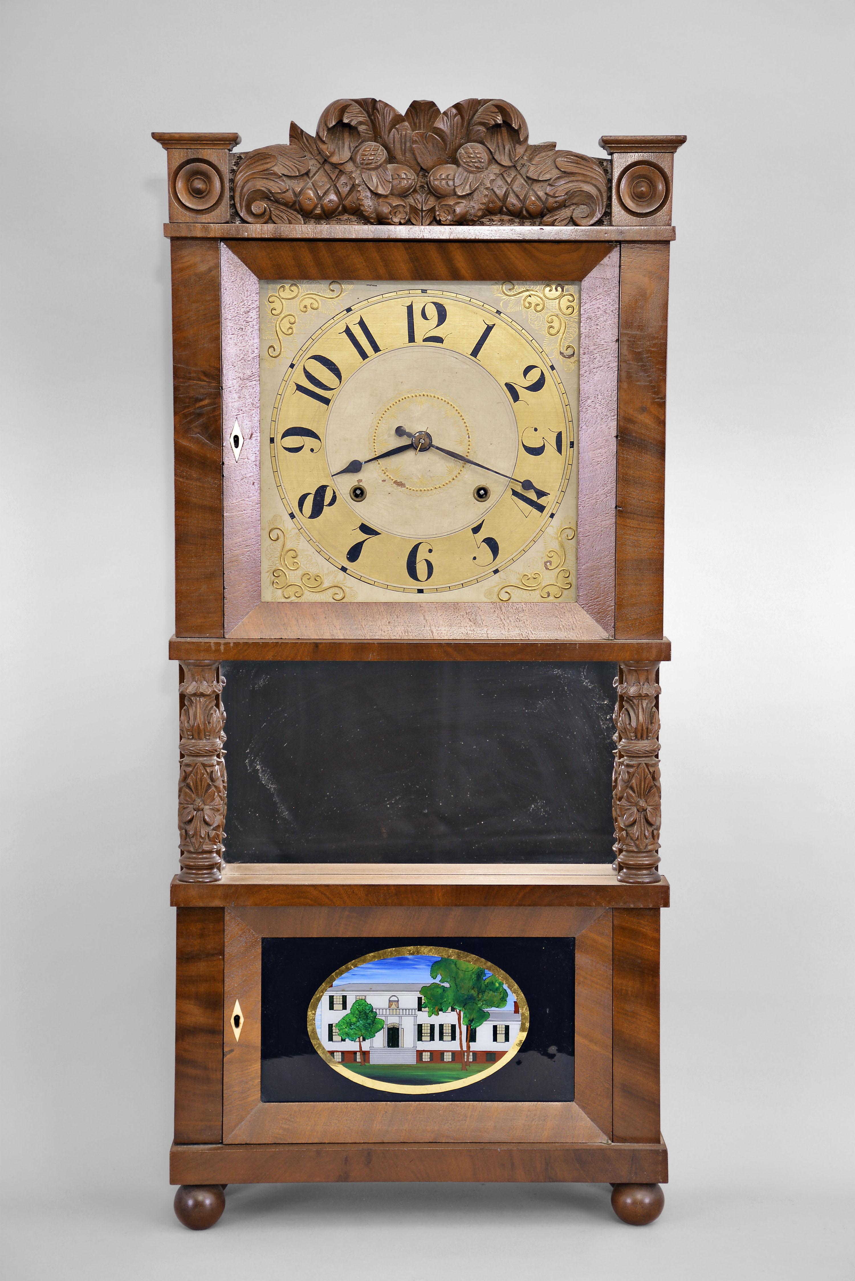 C. & L.C. Ives, Bristol, Conn., 8 day, time and strike weight strap brass movement triple decker shelf clock with carved splat and center columns. — Antique Clocks Price Guide