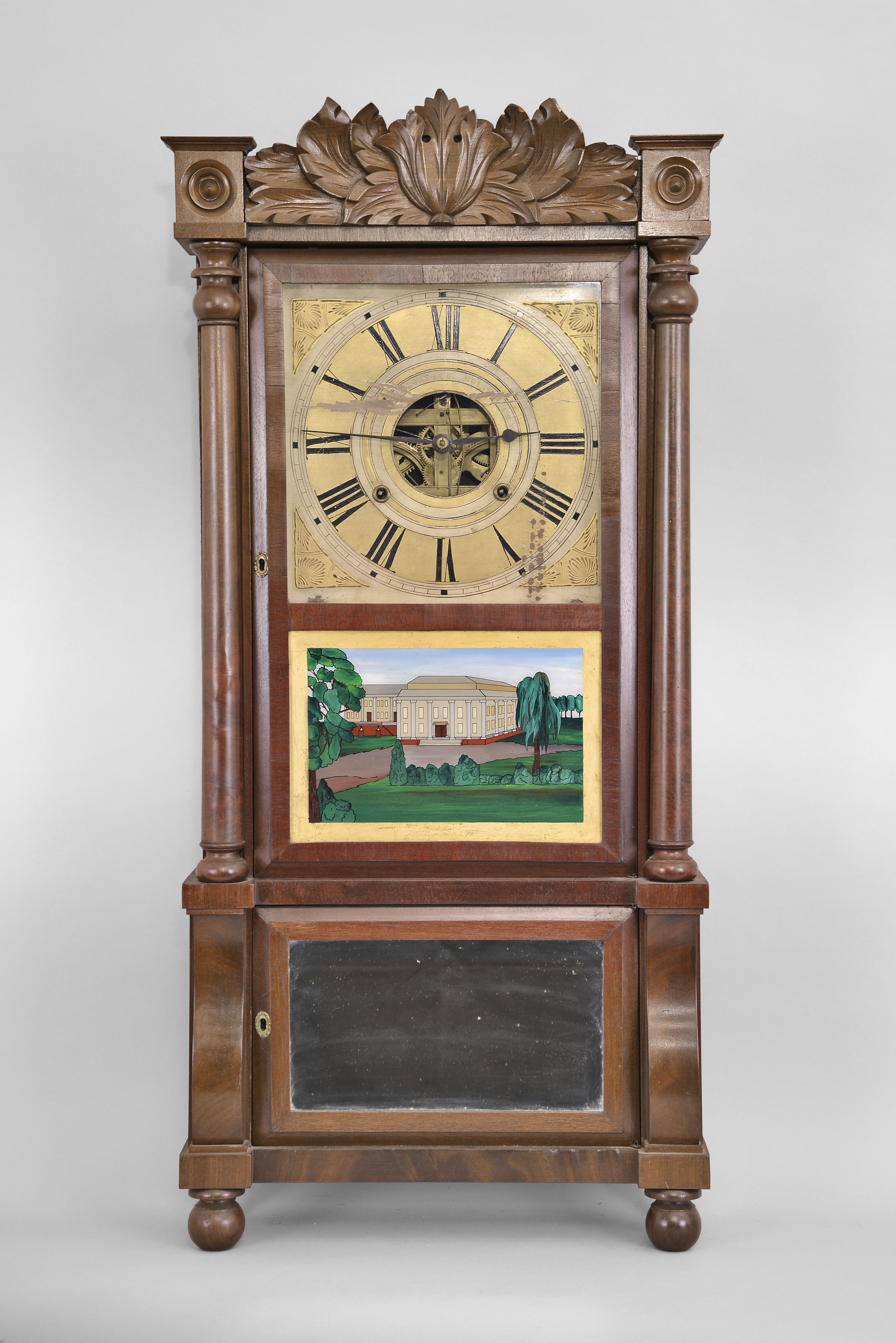Birge, Mallory & Co., Bristol, Conn., 8 day, time and strike weight brass movement double decker shelf clock with carved splat. — Antique Clocks Price Guide