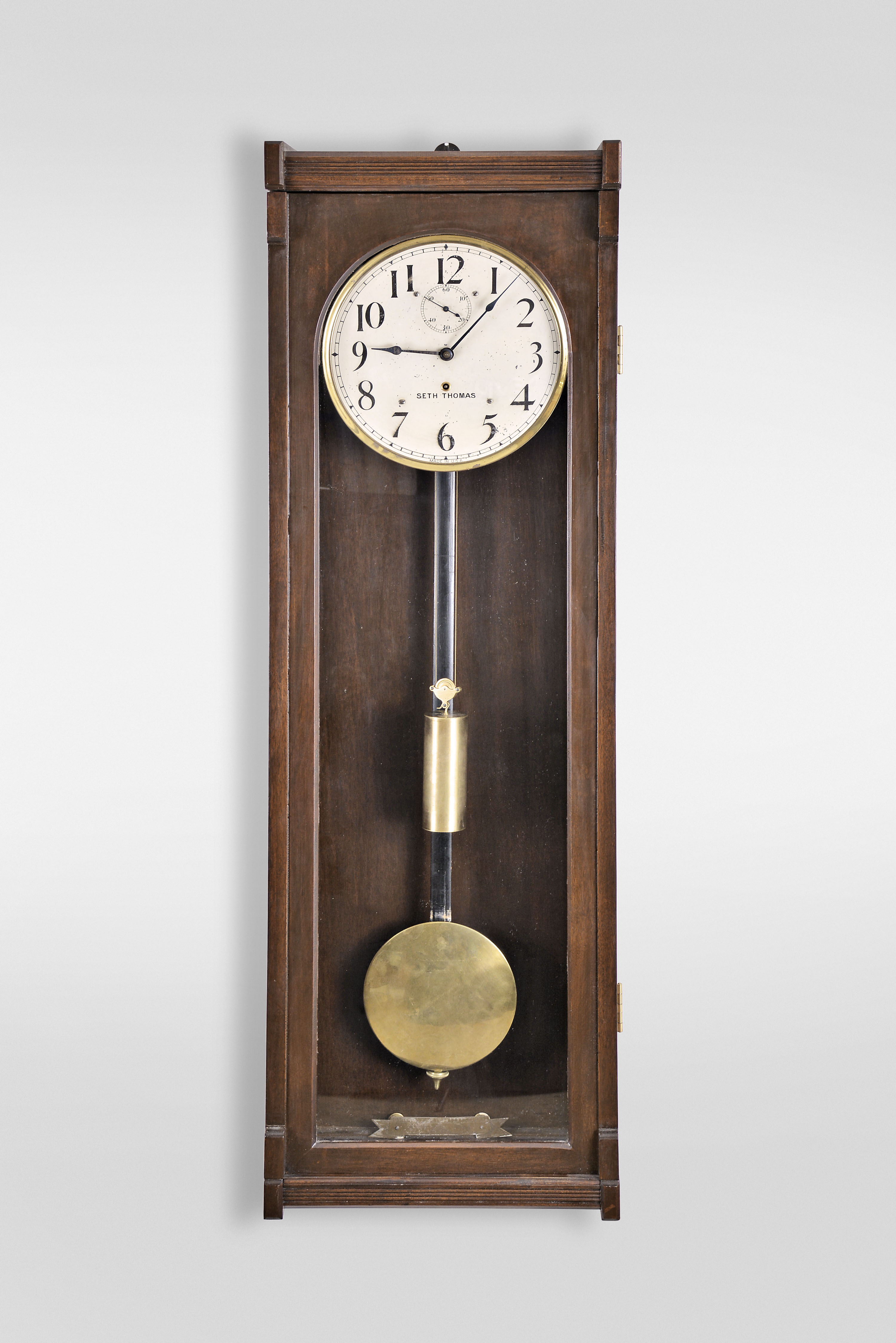 Seth Thomas Clock Co., Thomaston, Conn., trapezoidal movement for a Regulator No. 20, dial, pendulum and weight in a custom made mahogany case by Doug Mellors of Dubois, Penn. — Antique Clocks Price Guide