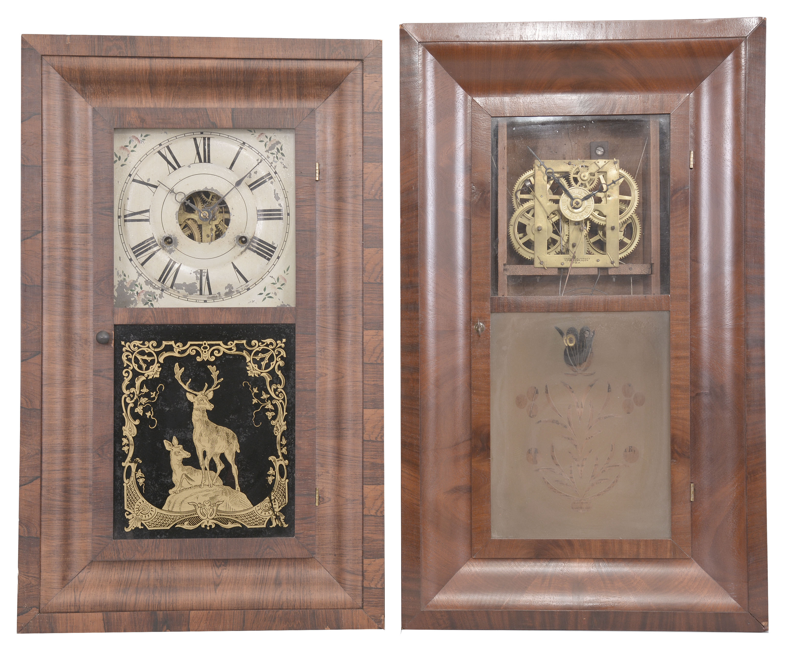 Clocks- 4 (Four) :(1) Scarce C. Jerome & Co., Richmond, Virginia, 30 hour, time and strike weight wood movement half column & splat shelf clock. c1835 (2) Scarce C. Jerome, & Co., Richmond, Virginia, 30 hour, time and rack & snail striking weight brass movement double decker shelf clock with carved eagle splat. c1835 (3) Seth Thomas, Thomaston, Conn., 30 hour, time and strike weight brass movement OG shelf clock. c1875 (4) Chauncey Jerome, New Haven, Conn., 30 hour, time, strike and alarm weight brass movement OG shelf clock. c1845. — Antique Clocks Price Guide
