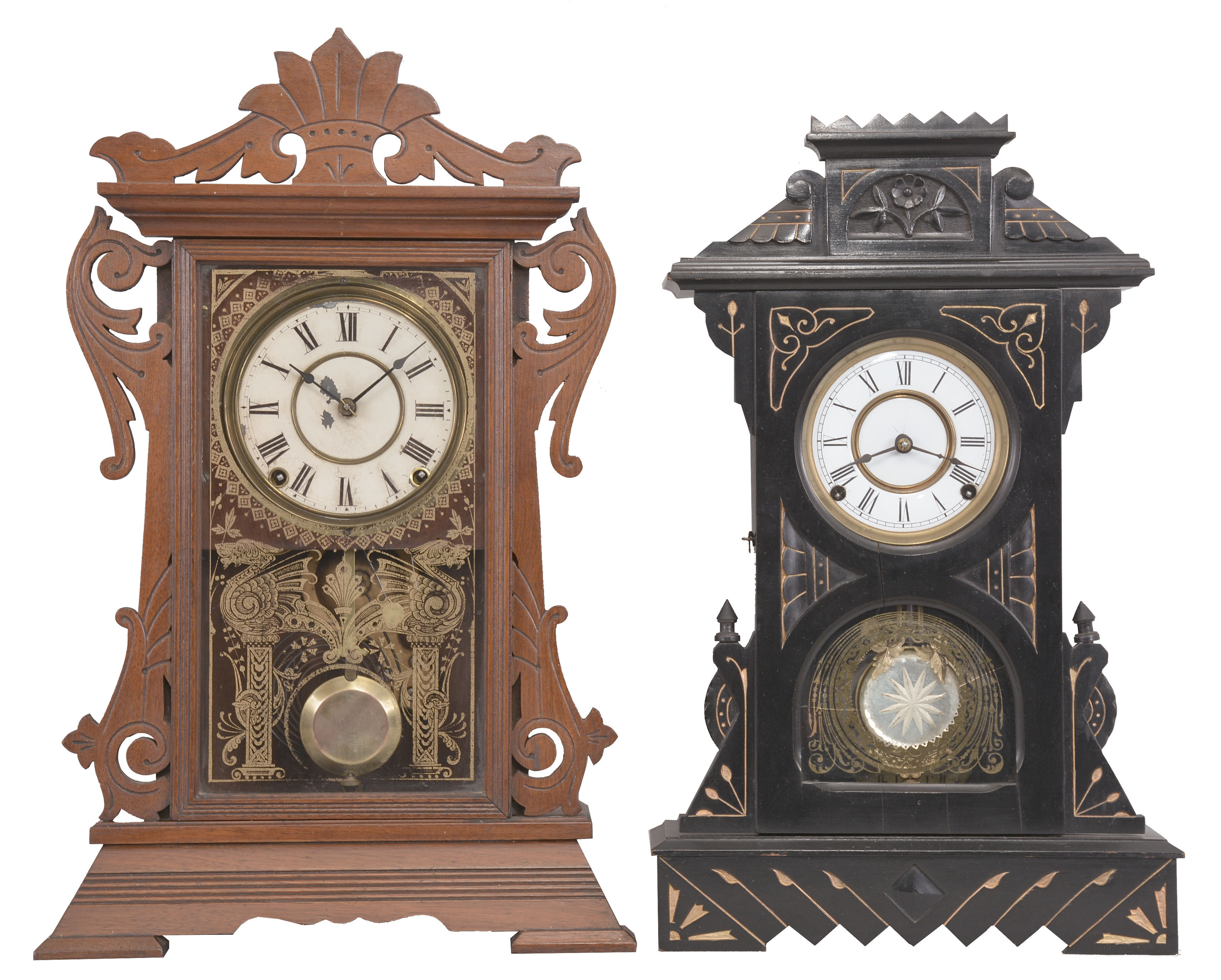 Clocks- 2 (Two) :(1) Seth Thomas Clock Co., Thomaston, Conn., "Newark", 8 day, time and strike spring brass movement City Series mantel clock. c1884 (2) F. Kroeber Clock Co., New York, "Garnet", 8 day, time and strike spring brass movement mantel clock. c1880 — Antique Clocks Price Guide