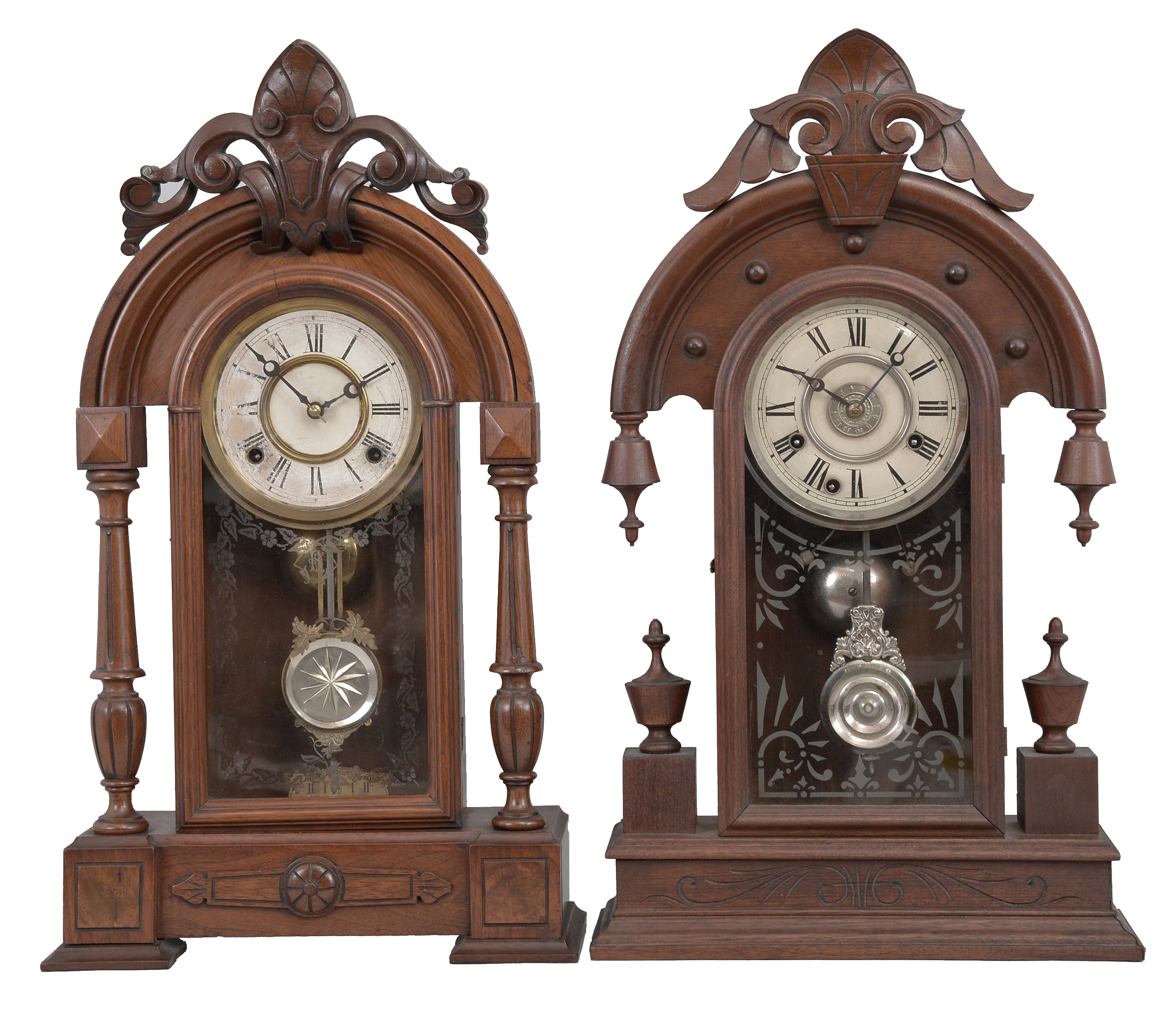 Clocks- 2 (Two): (1) F. Kroeber & Co., New York, N.Y., "Polaris" parlor clock, 8 day, time and strike, spring driven movement in a walnut case, c1880; (2) New Haven Clock Co., New Haven, Conn., "Elbe" parlor clock, 8 day, time and strike with alarm, spring driven movement in a walnut case, c1880. — Antique Clocks Price Guide