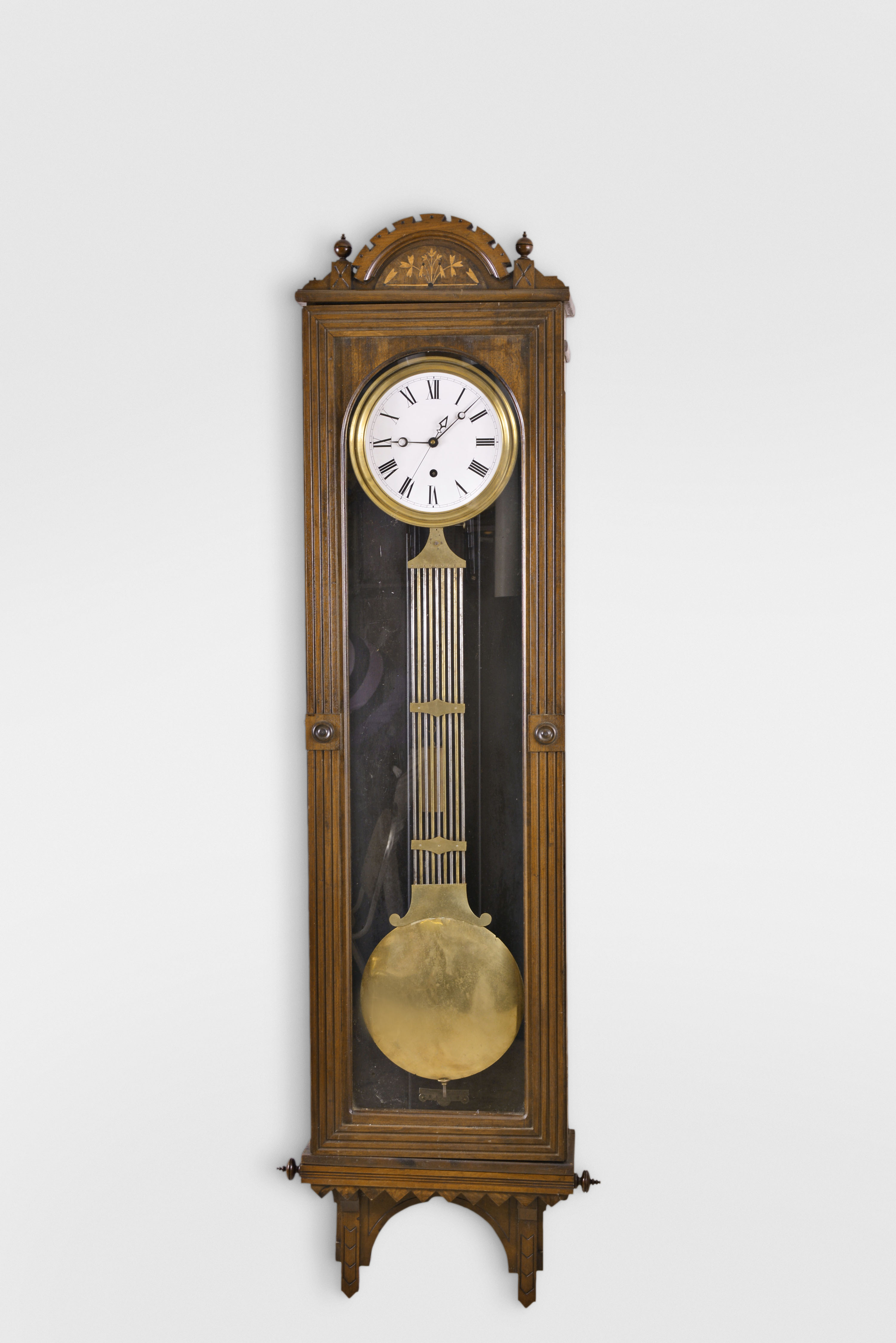 Hanging Jeweler's Regulator, 8 day, time only, weight driven Swiss pinwheel movement with a gridiron lyre pendulum in a custom made Victorian inlaid mahogany case with white enamel dial and center sweep seconds — Antique Clocks Price Guide