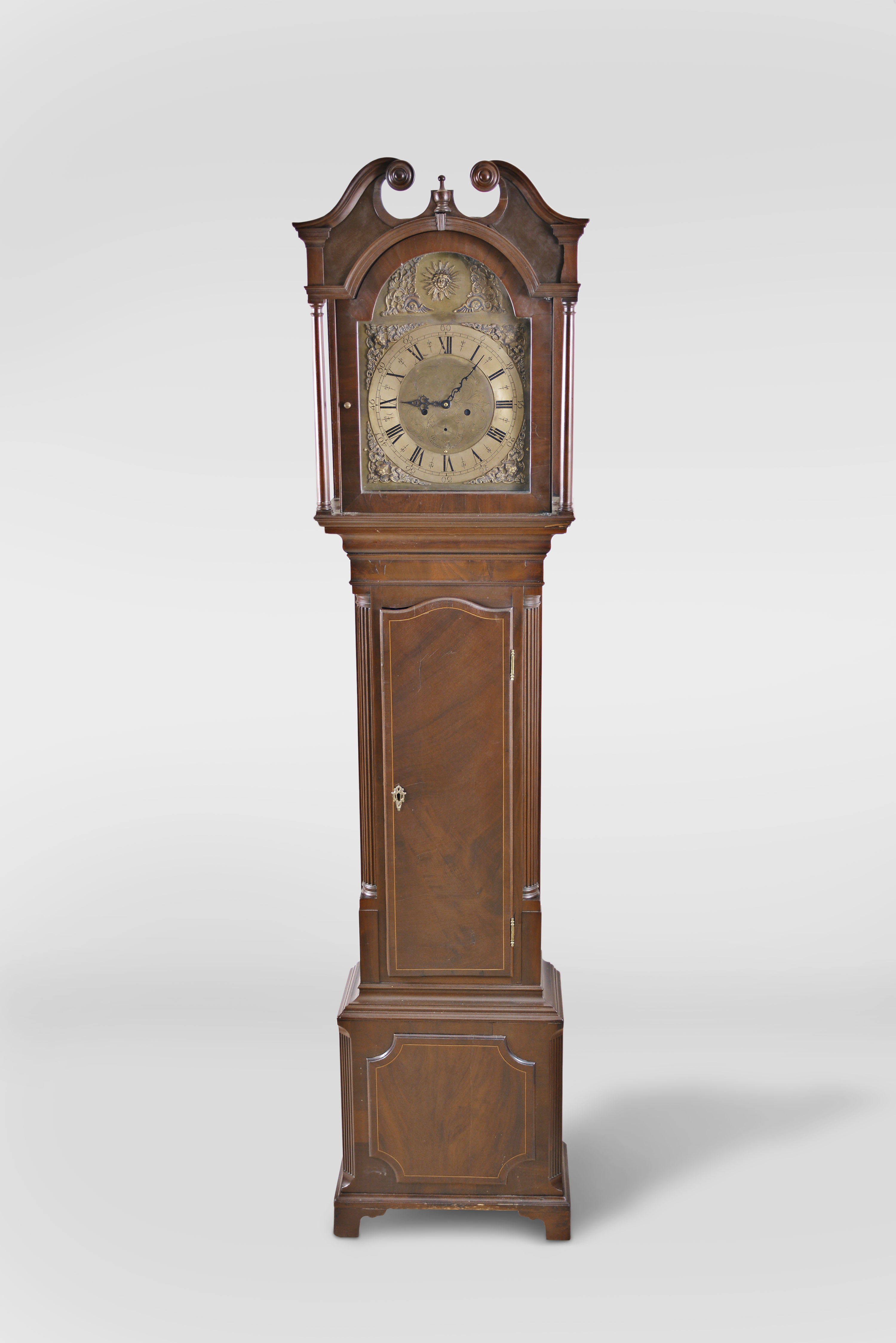 English Tall Clock DIal and Case Only- inlaid mahogany case on straight bracket feet with unsigned brass dial now fitted with quartz movement — Antique Clocks Price Guide