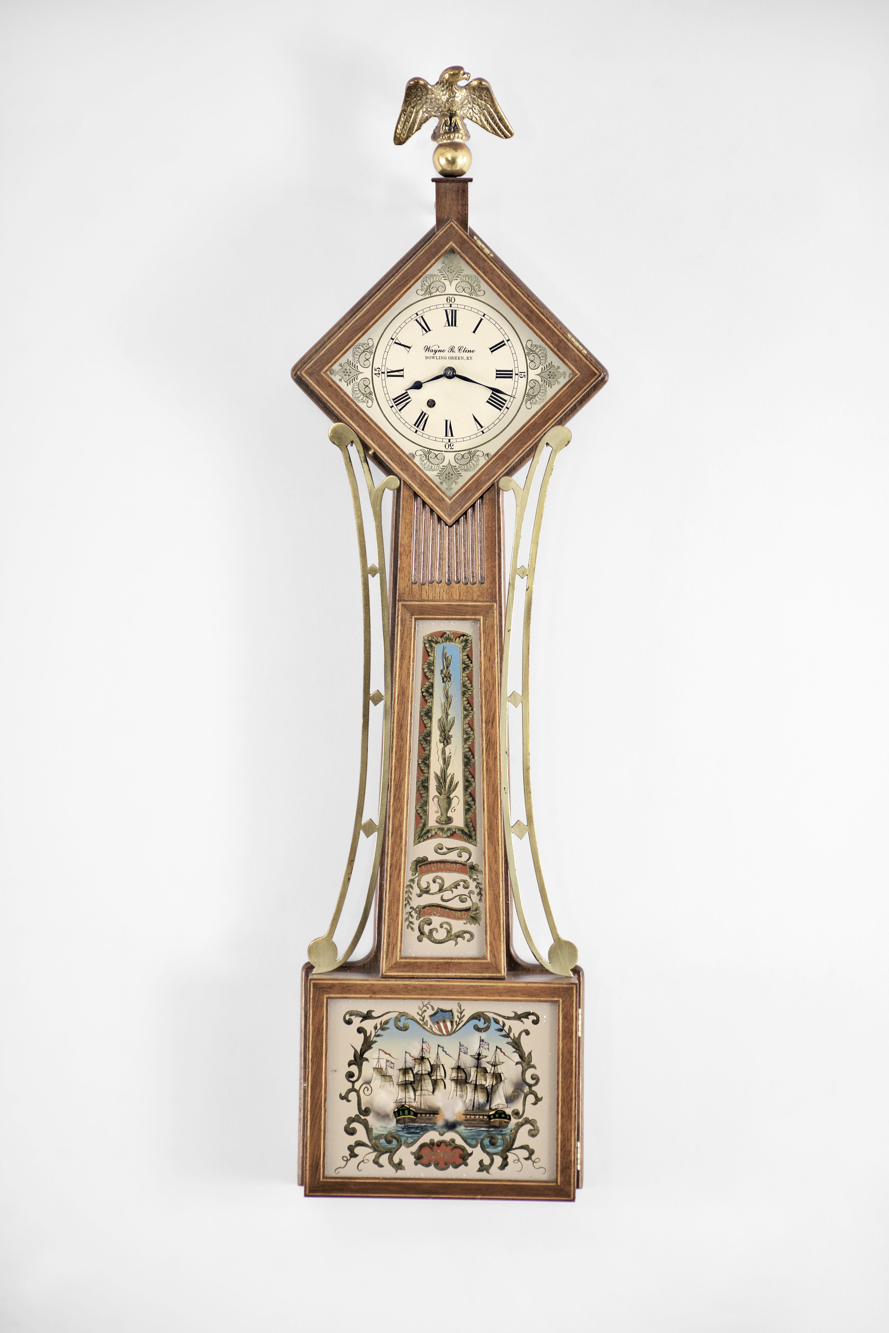 Wayne R. Cline, Bowling Green, KY, Miniature "DIAMOND HEAD" banjo, 8 day, keywind, lever movement after an original by Daniel Munroe of Concord, Mass. — Antique Clocks Price Guide