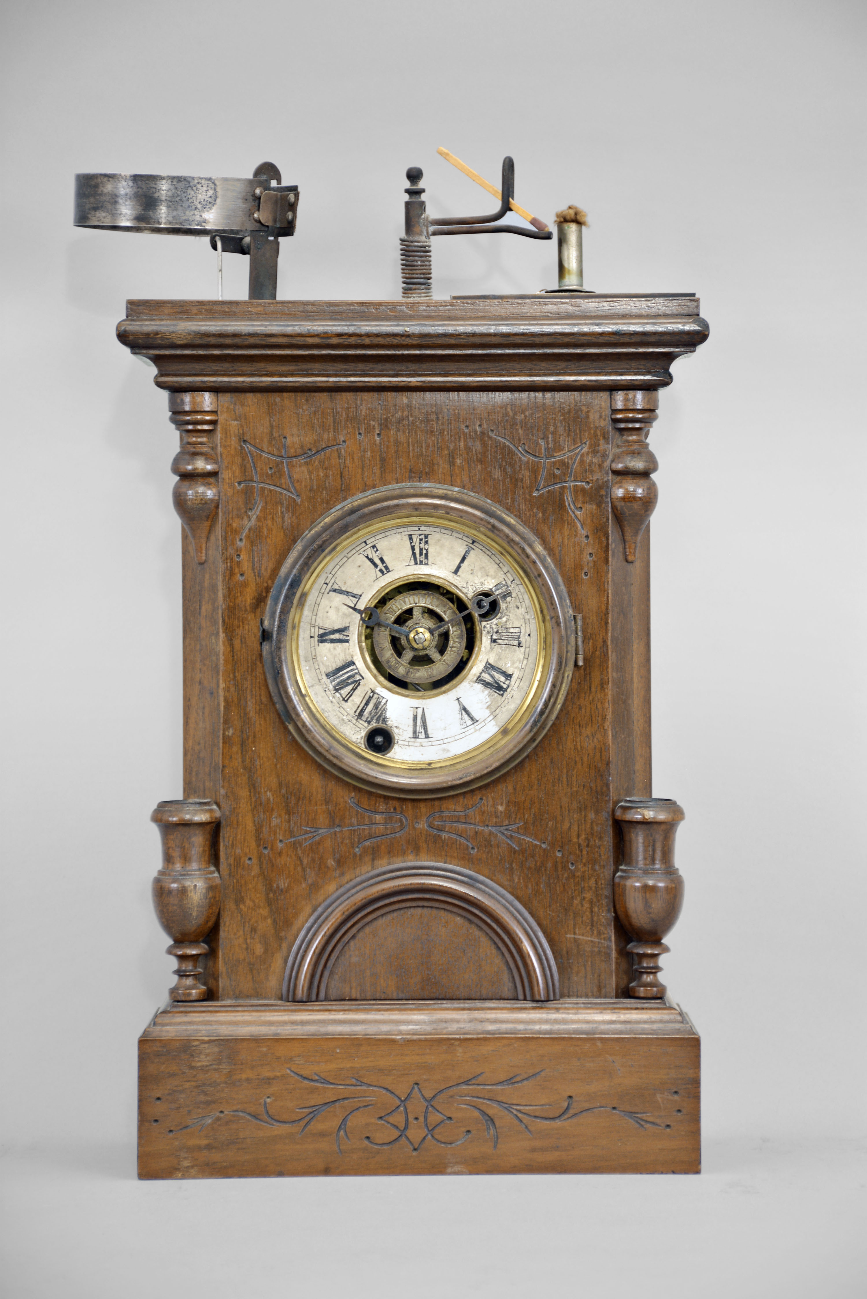 Ansonia Brass & Copper Co., Ansonia, Conn., 30 hour, time and alarm spring brass movement Davies Patent Matchstick Illuminated Alarm novelty shelf clock. The clock case and movement were made Ansonia and Henry J. Davies made the illumination part of the clock. A rare clock to find, particularly complete. — Antique Clocks Price Guide