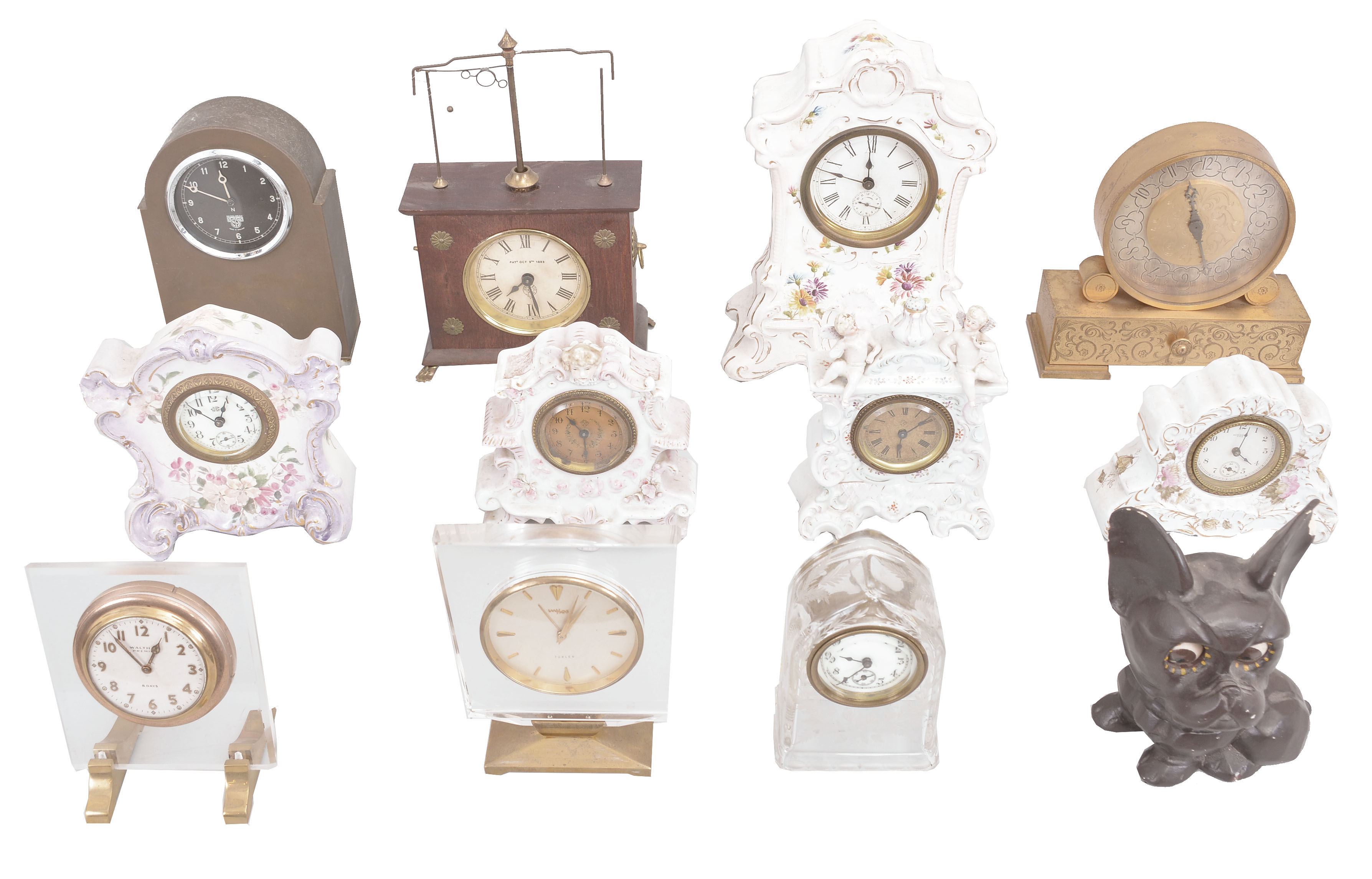 Clocks- 23 (Twenty-three): desk, novelty, and travel clocks including two double-sided and a weather station. Makers include Smiths, Ansonia, Elgin, Salem, New Haven, Charles Hour, Waltham, Imhof, Semca, Charles Mayer Co., Oswald, Horolover, and others — Antique Clocks Price Guide