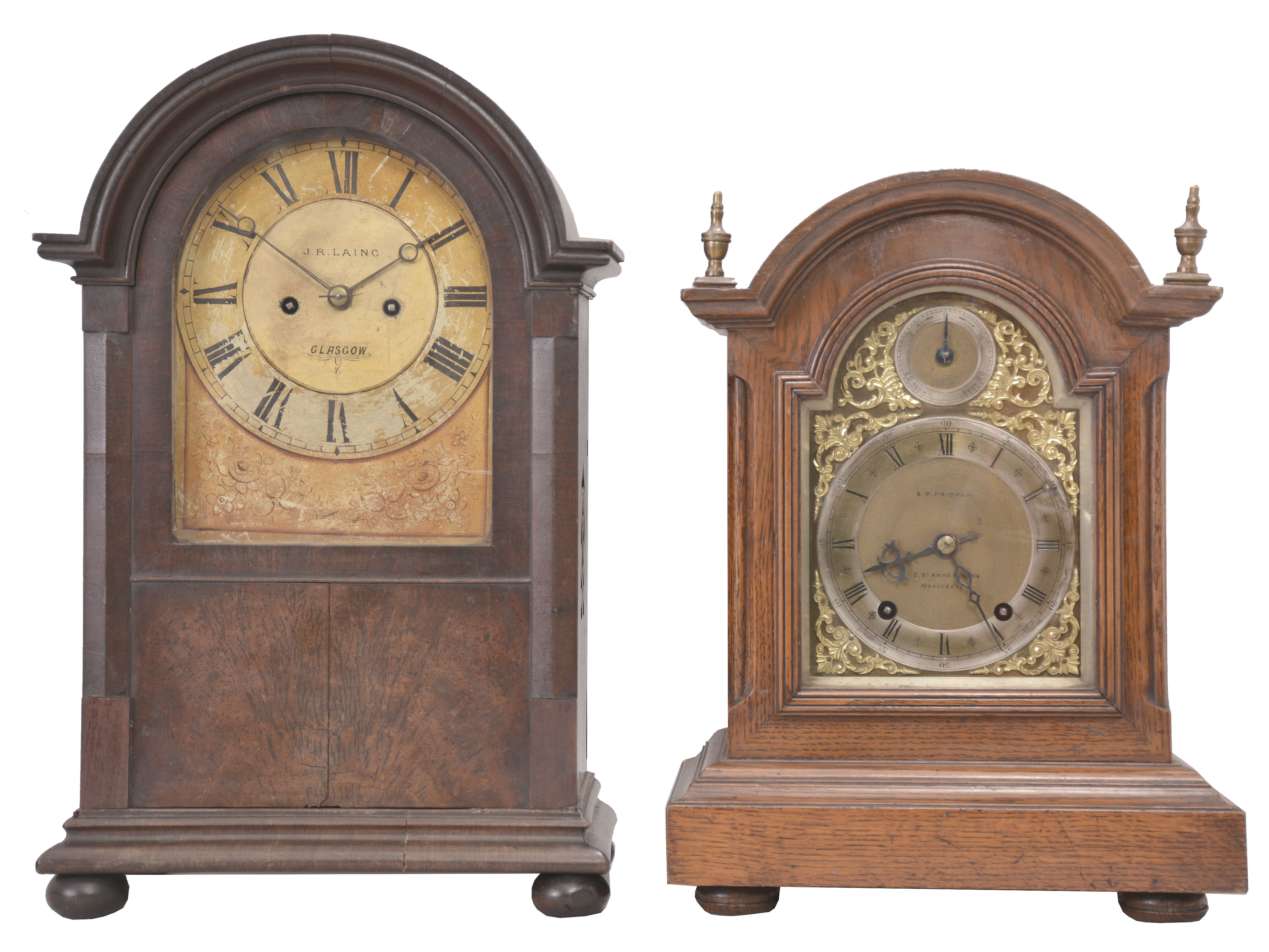 Clocks- 2 (Two): (1) England, J. R. Laing, Glasgow, 8 day, time and strike spring fusee brass movement bracket clock. c1900 (2) German, Winterhalder & Hofmeier, 8 day, time and strike spring brass movement bracket clock. Dial is signed "A.W. Pridham", Manchester (England). c1900 — Antique Clocks Price Guide