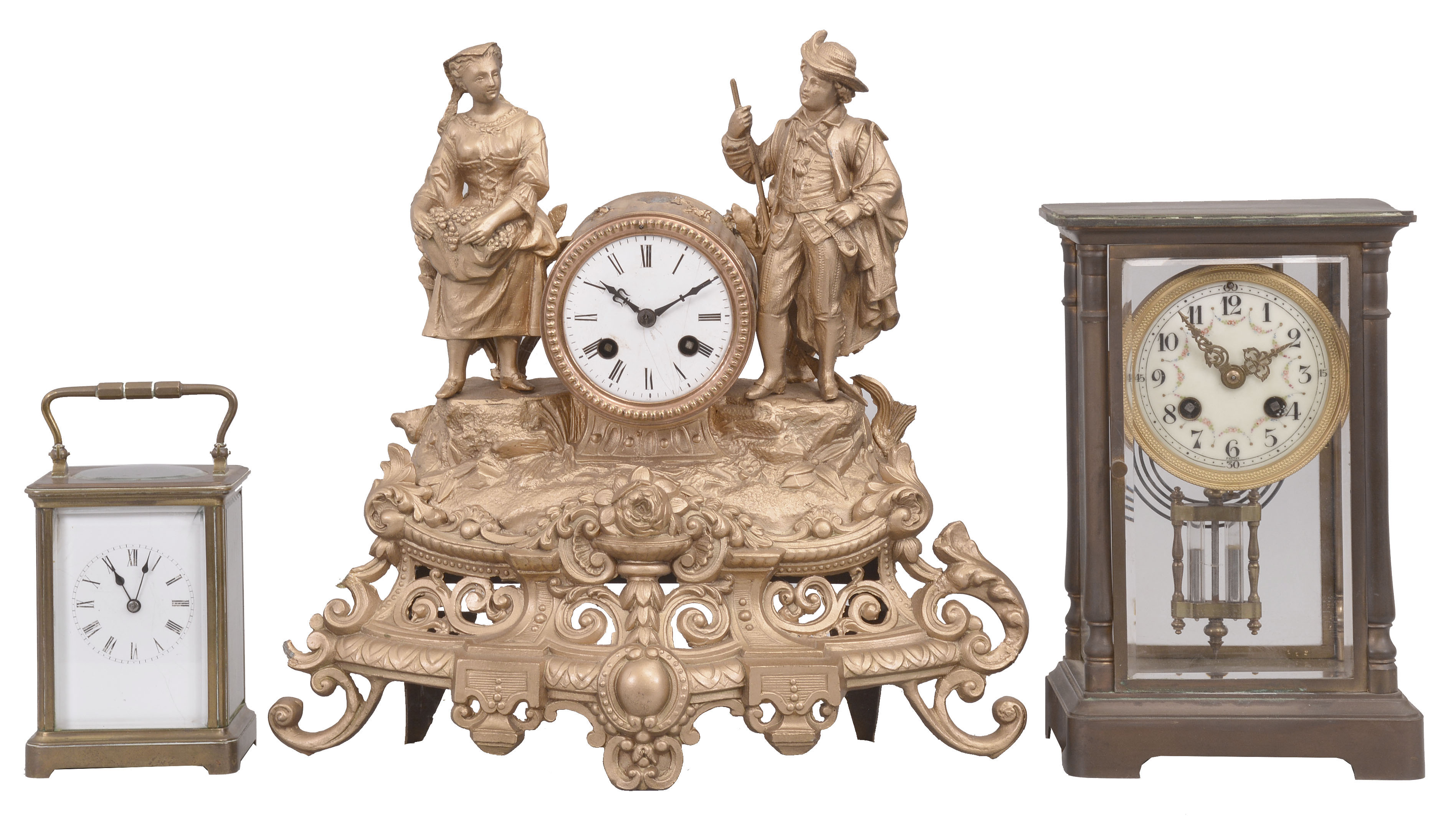 Clocks- 3 (Three) French: (1) France, carriage clock, 8 day, time and strike, spring driven movement with lever escapement in a glazed Corniche style case, c1900; (2) Japy Freres & Cie, Paris, crystal regulator, 8 day, time and strike, spring driven pendule de Paris movement with compensating pendulum in a glazed brass case with white porcelain dial with garlands, c1910; (3) France, figural mantel clock, 8 day, time and strike, spring driven pendule de Paris movement in an ormolu case depicting a farming couple, white enamel dial with blued steel hands, c1880; Also included in the lot are four crystal regulator cases, one with movement. — Antique Clocks Price Guide